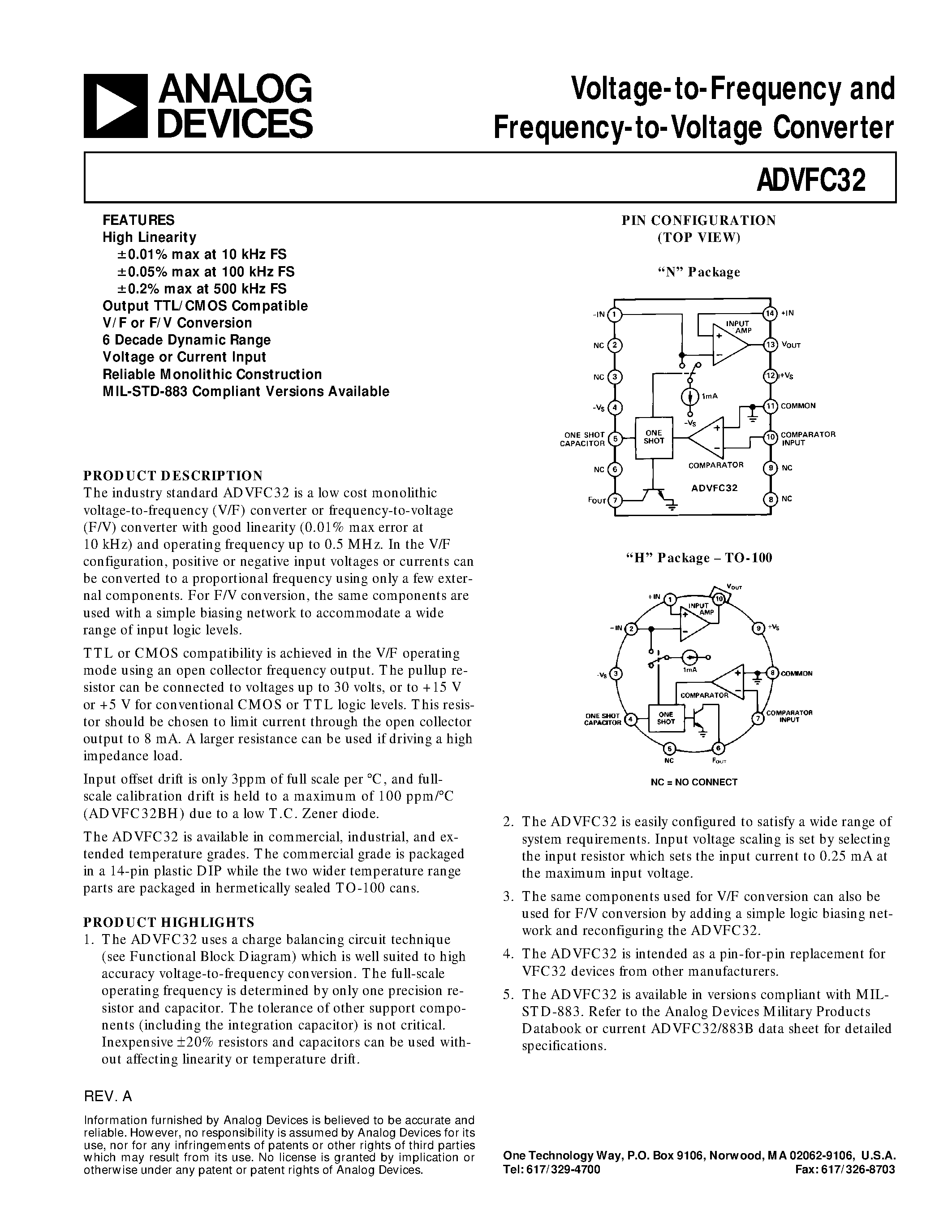 Даташит ADVFC32KN - Voltage-to-Frequency and Frequency-to-Voltage Converter страница 1