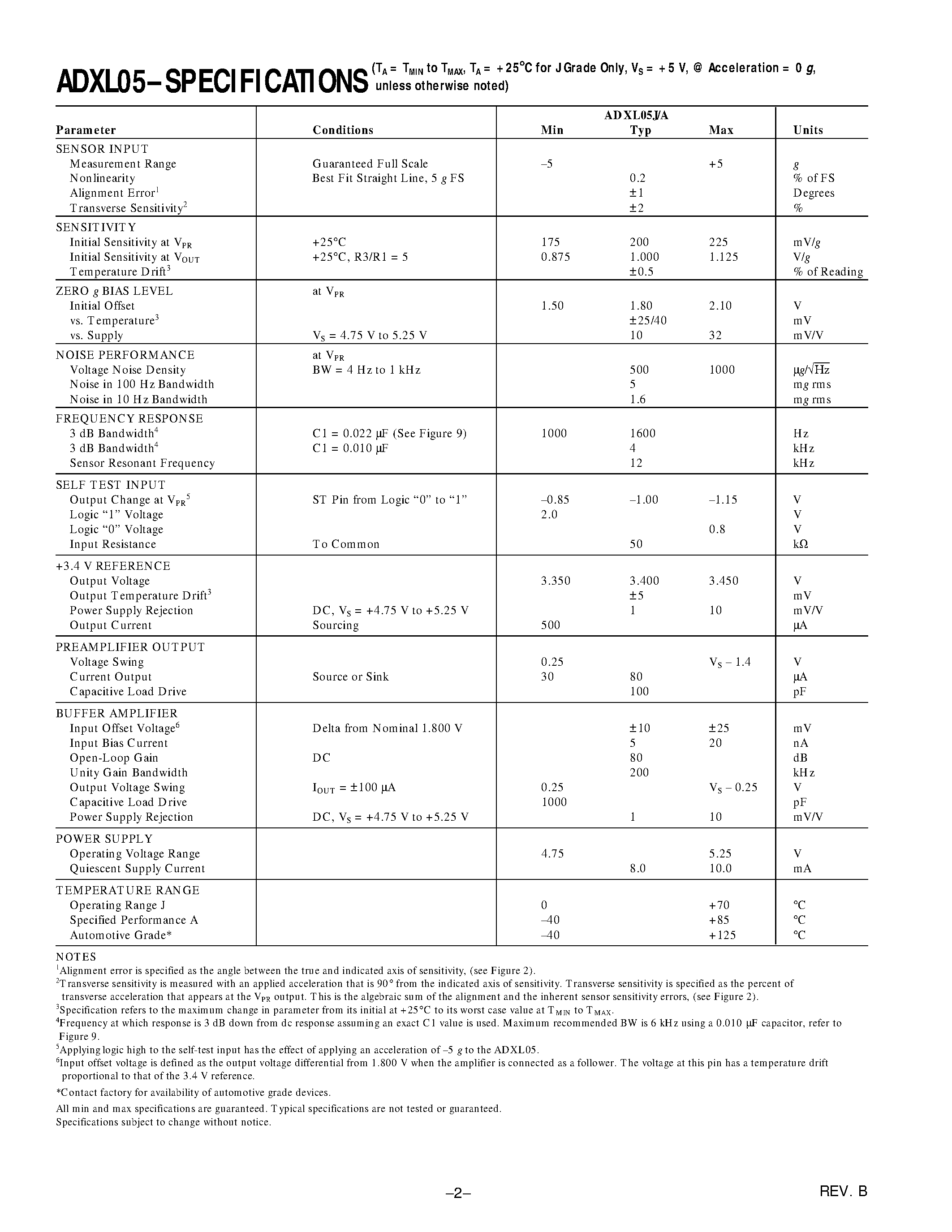 Datasheet ADXL05 - +-1 g to +-5 g Single Chip Accelerometer with Signal Conditioning page 2