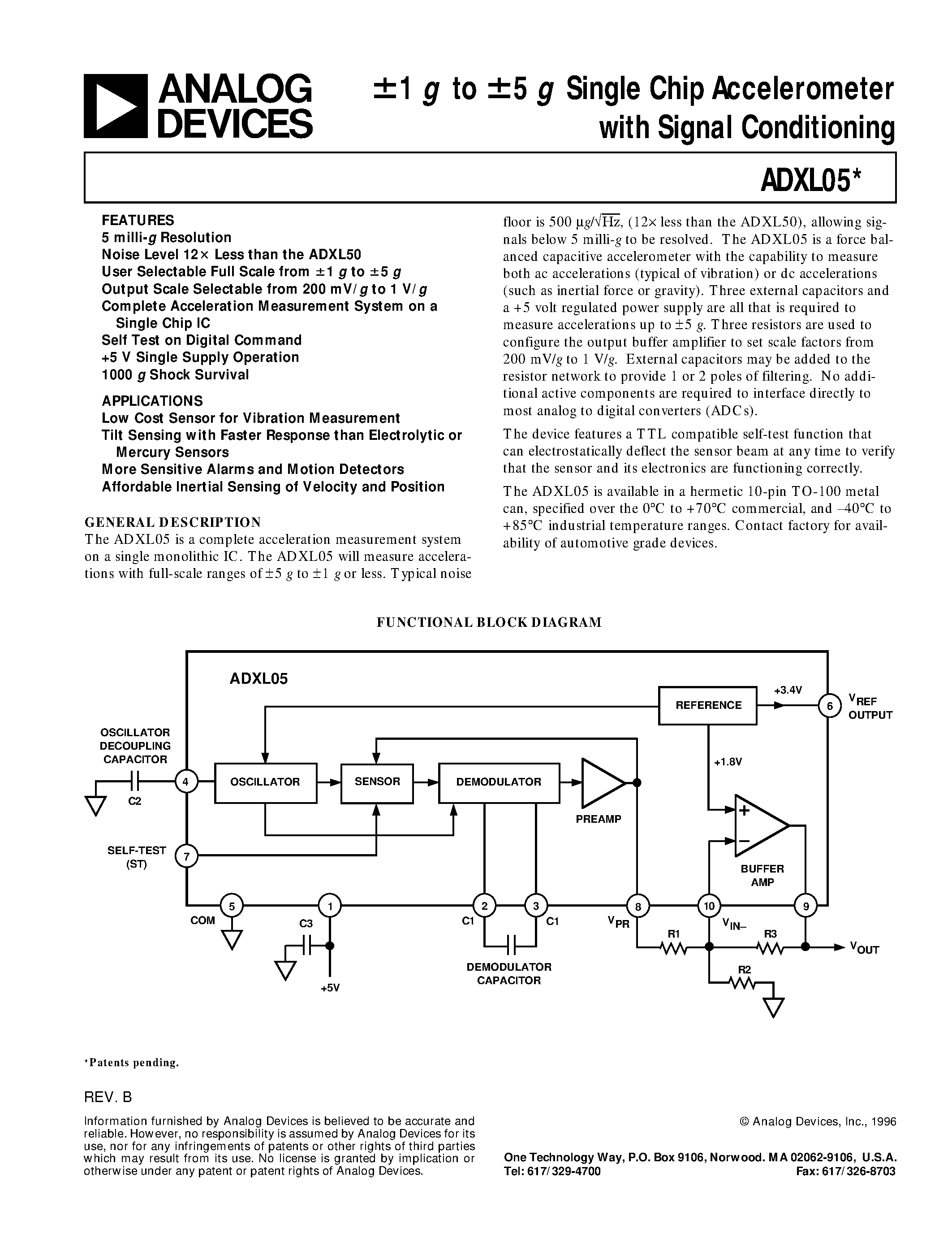 Даташит ADXL05AH - +-1 g to +-5 g Single Chip Accelerometer with Signal Conditioning страница 1