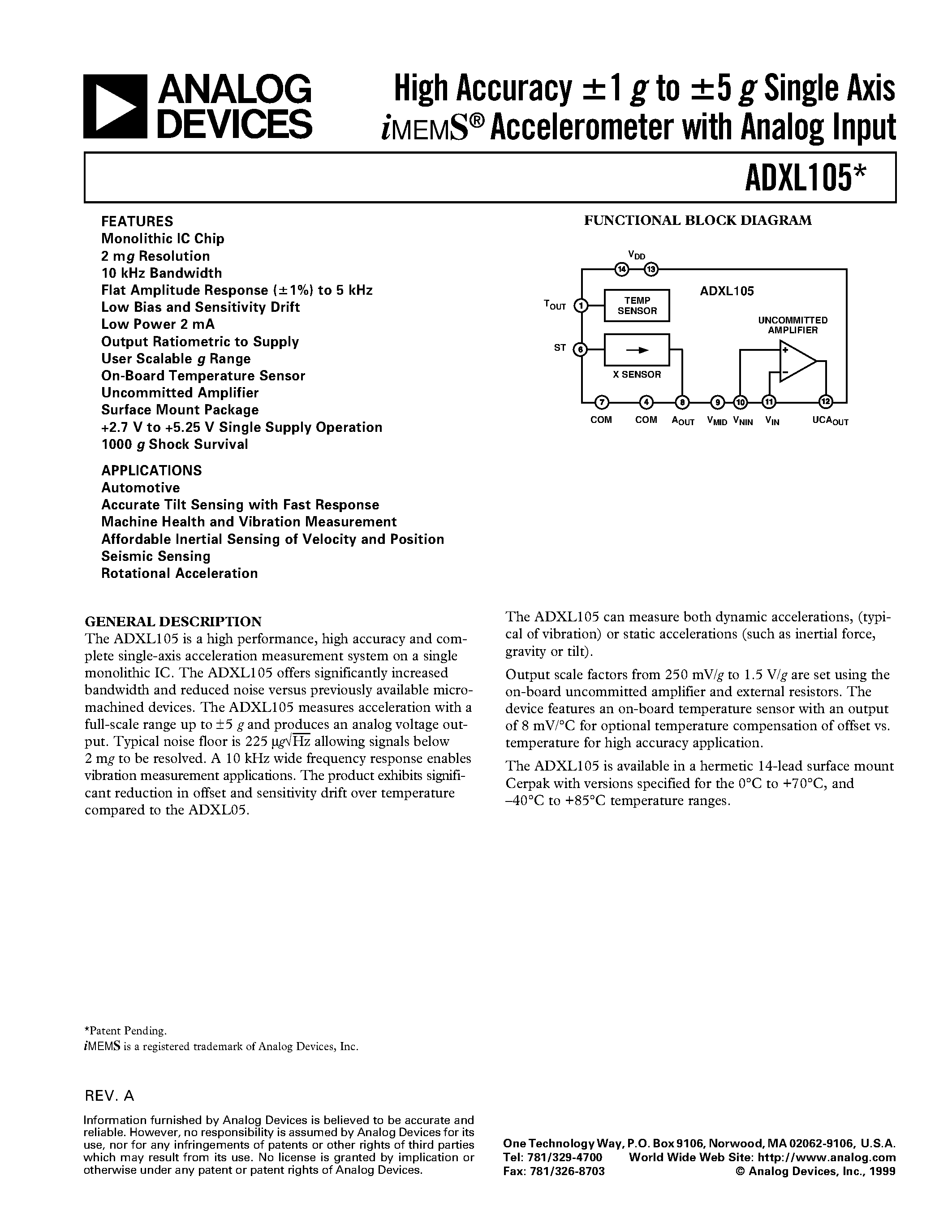 Даташит ADXL105JQC - High Accuracy 61 g to 65 g Single Axis iMEMS Accelerometer with Analog Input страница 1