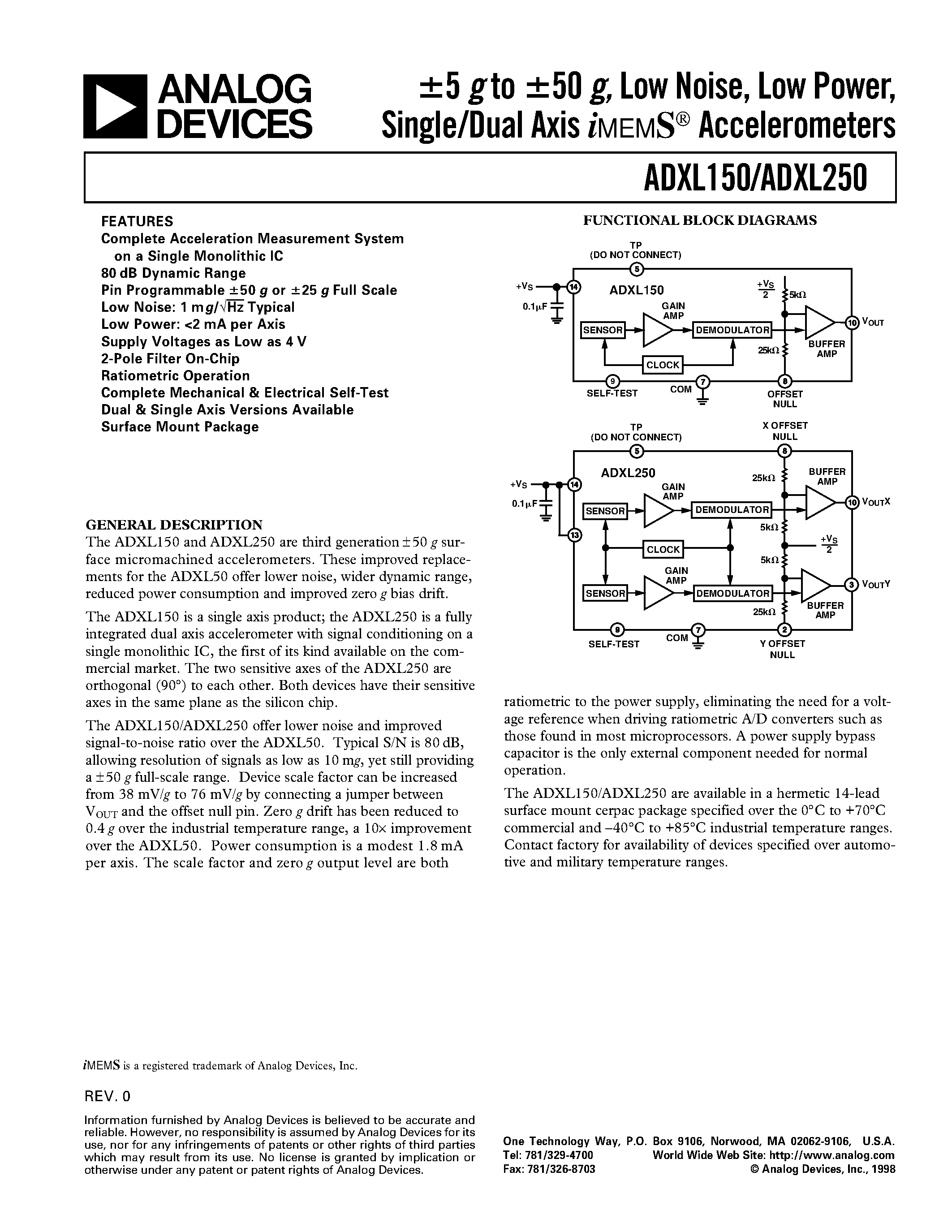 Datasheet ADXL150JQC page 1 Datasheet ADXL150JQC - +-5 g to +-50 g/ Low Noise/ Low Power/ Single/Dual Axis iMEMS Accelerometers page 1