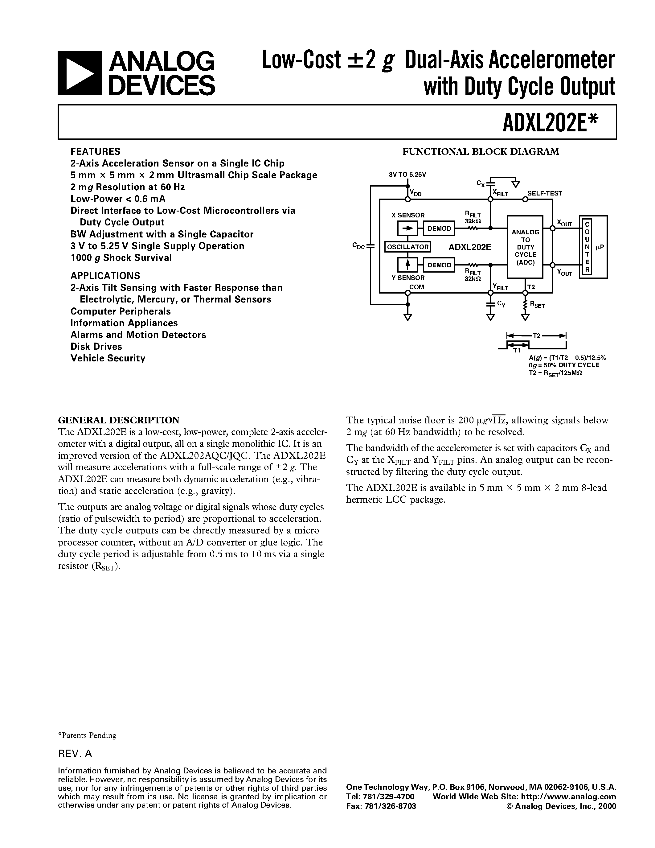 Даташит на микросхему ADXL202E страница 1 Даташит ADXL202E - Low-Cost +-2 g Dual-Axis Accelerometer with Duty Cycle Output страница 1