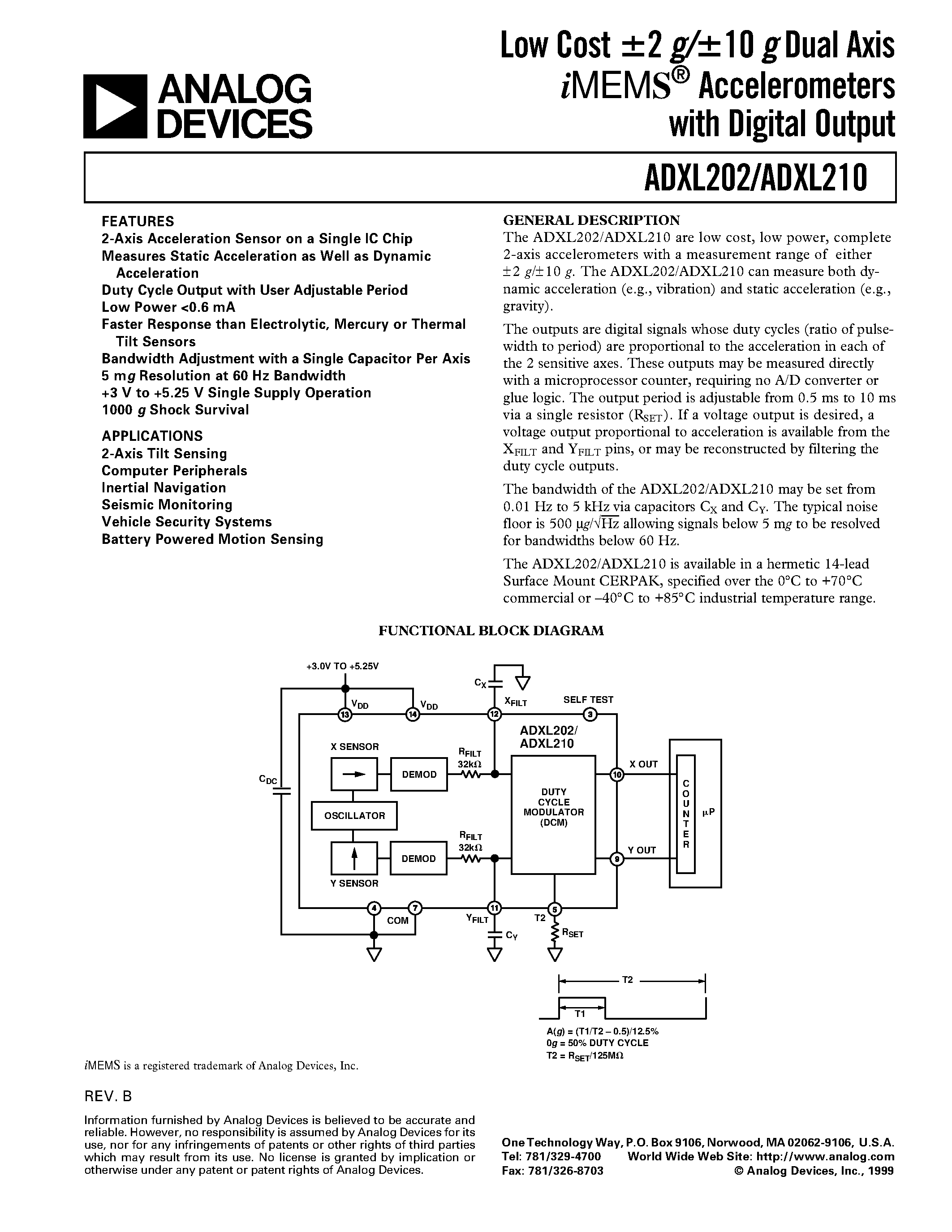 Даташит ADXL202JQC - Low Cost +-2 g/+-10 g Dual Axis iMEMS Accelerometers with Digital Output страница 1