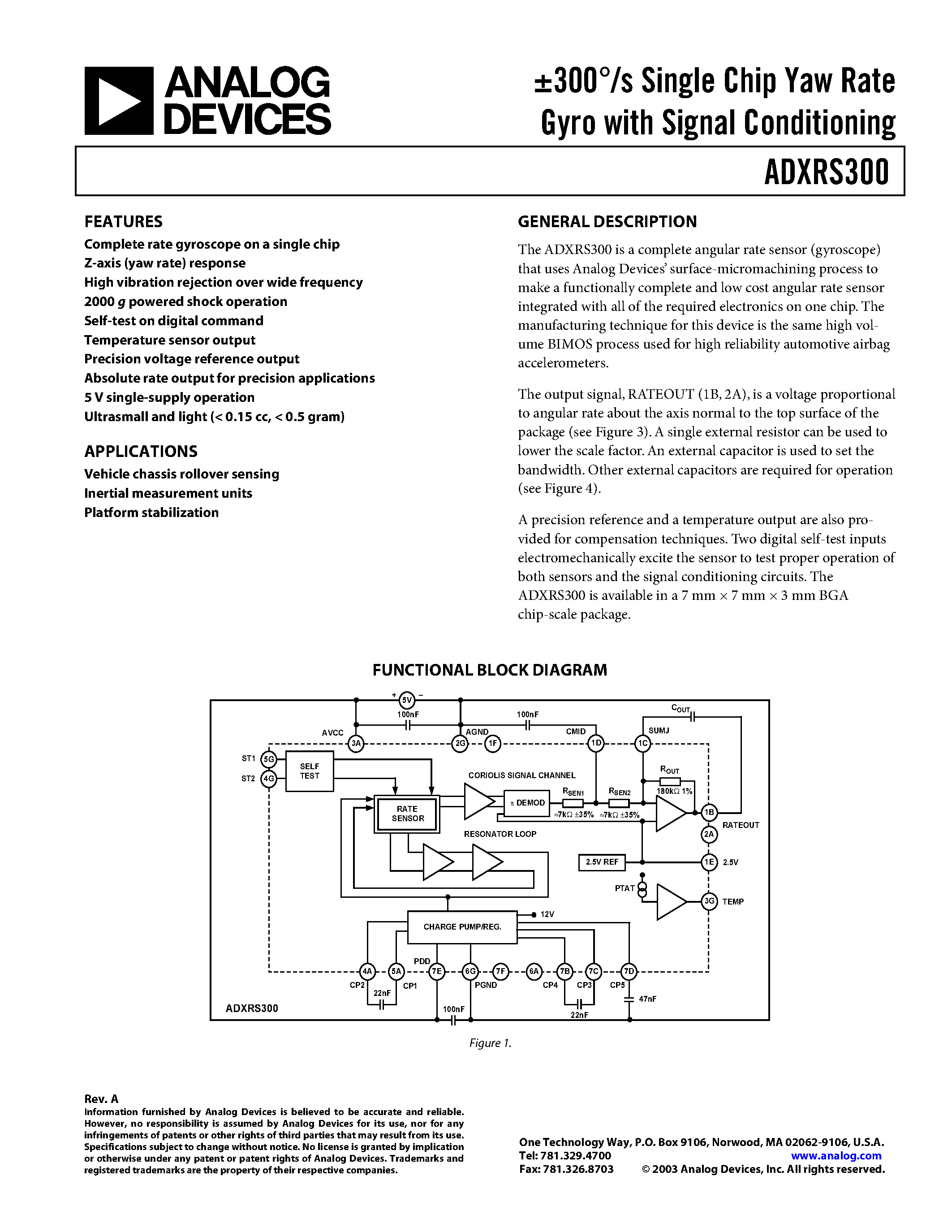 Datasheet ADXRS300ABG-Reel - 300/s Single Chip Yaw Rate Gyro with Signal Conditioning page 1