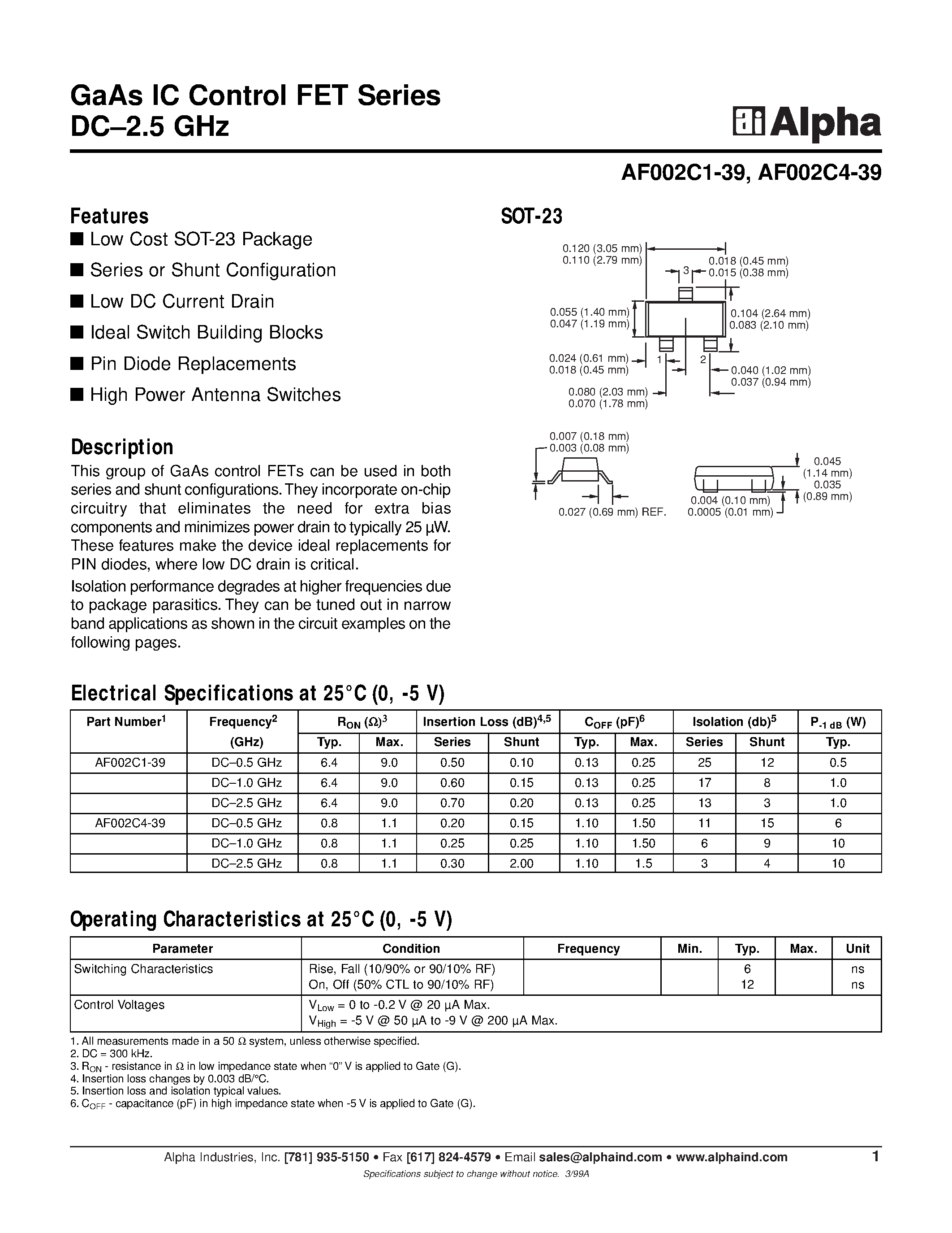 Datasheet AF002C1-39 - GaAs IC Control FET Series DC-2.5 GHz page 1
