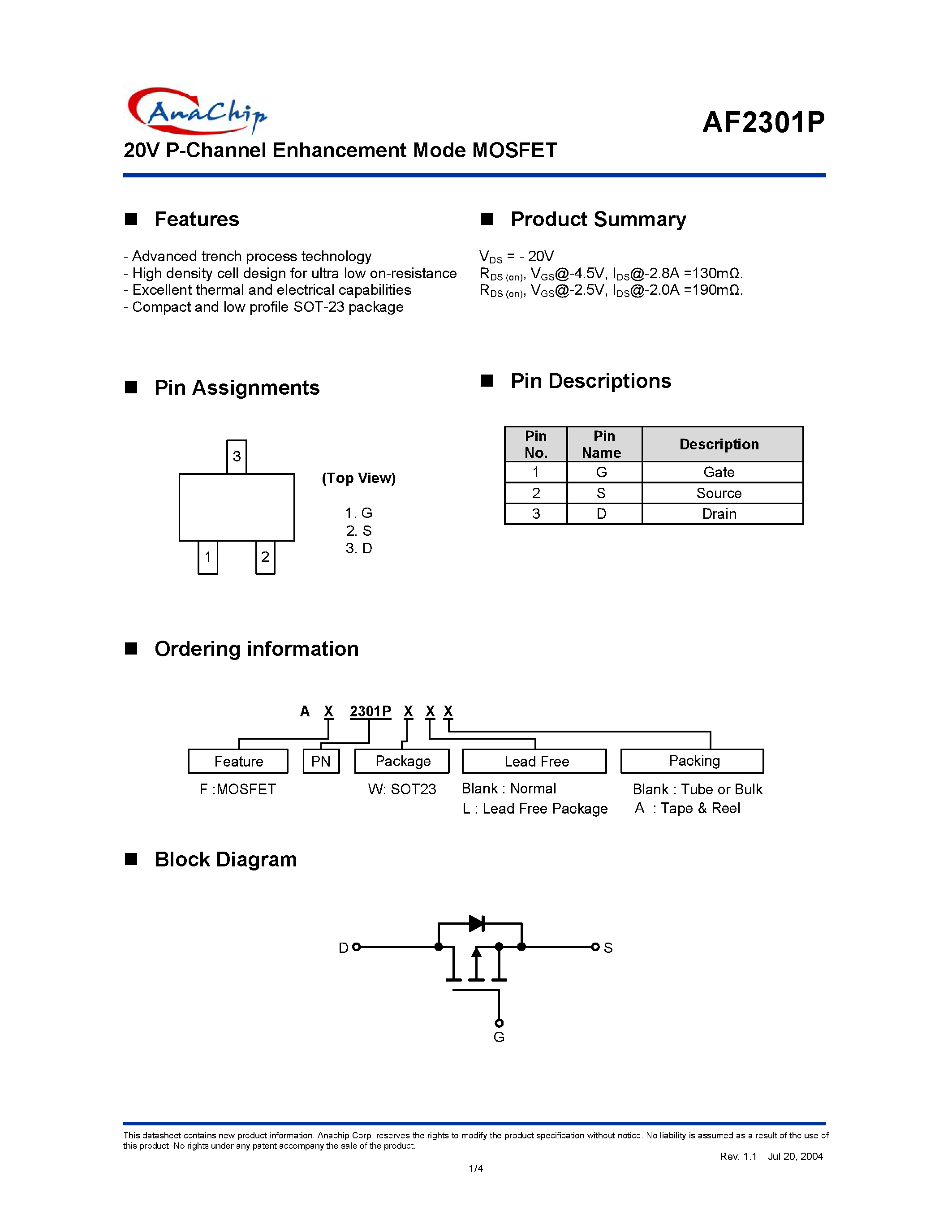 Datasheet AF2301P - 20V P-Channel Enhancement Mode MOSFET page 1