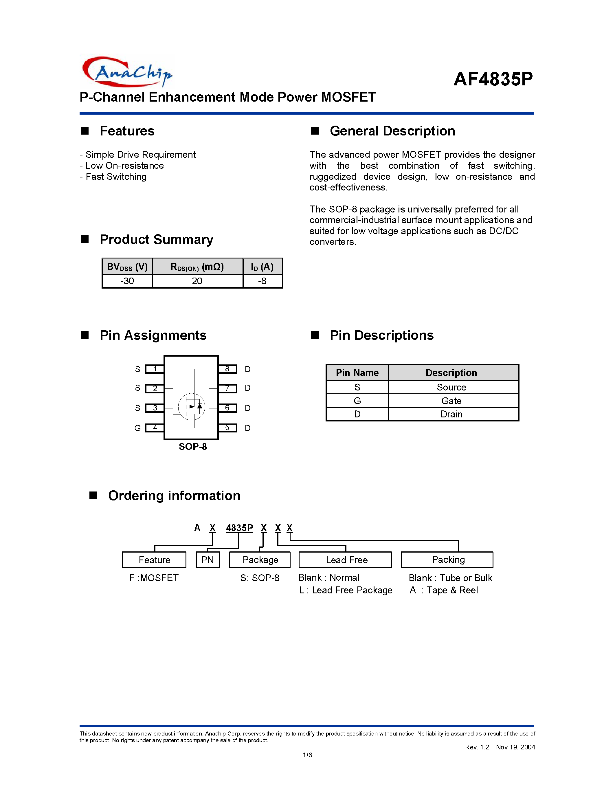 Datasheet AF4835PSL - P-Channel Enhancement Mode Power MOSFET page 1