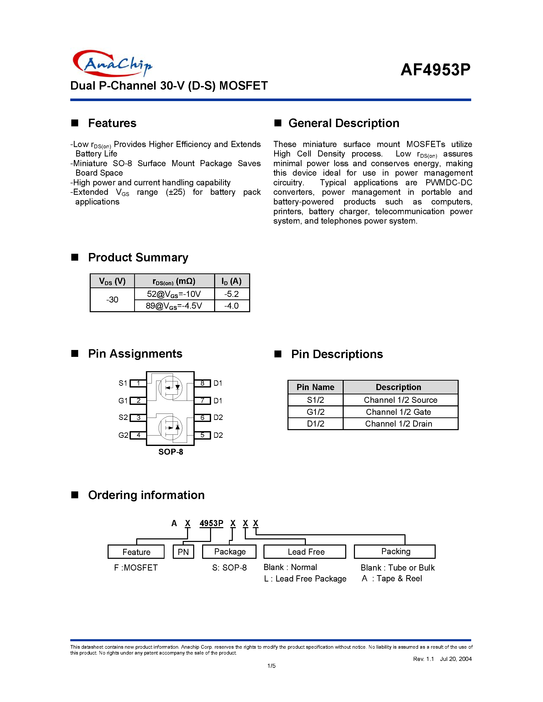 Datasheet AF4953P - Dual P-Channel 30-V (D-S) MOSFET page 1