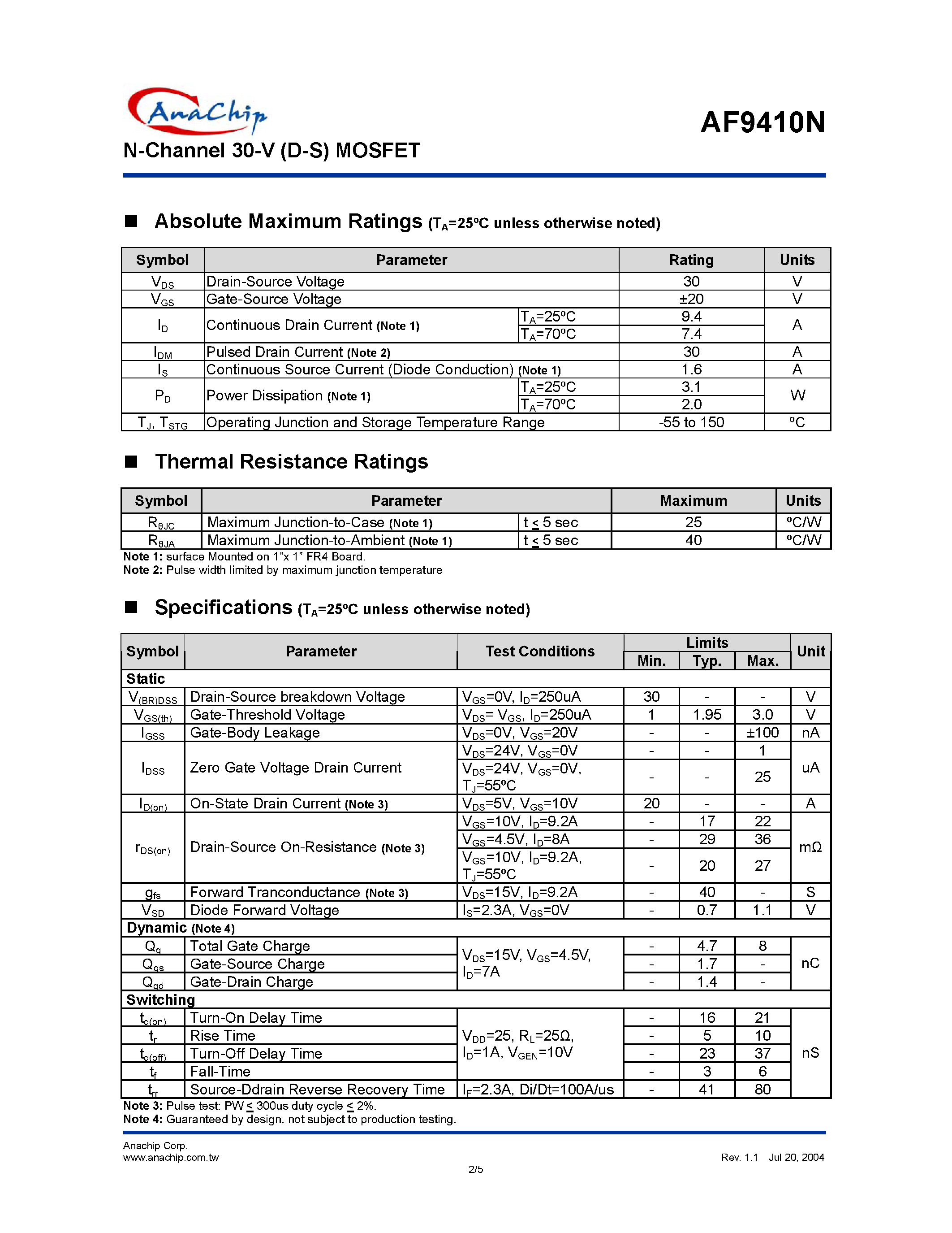 Datasheet AF9410N - N-Channel 30-V (D-S) MOSFET page 2