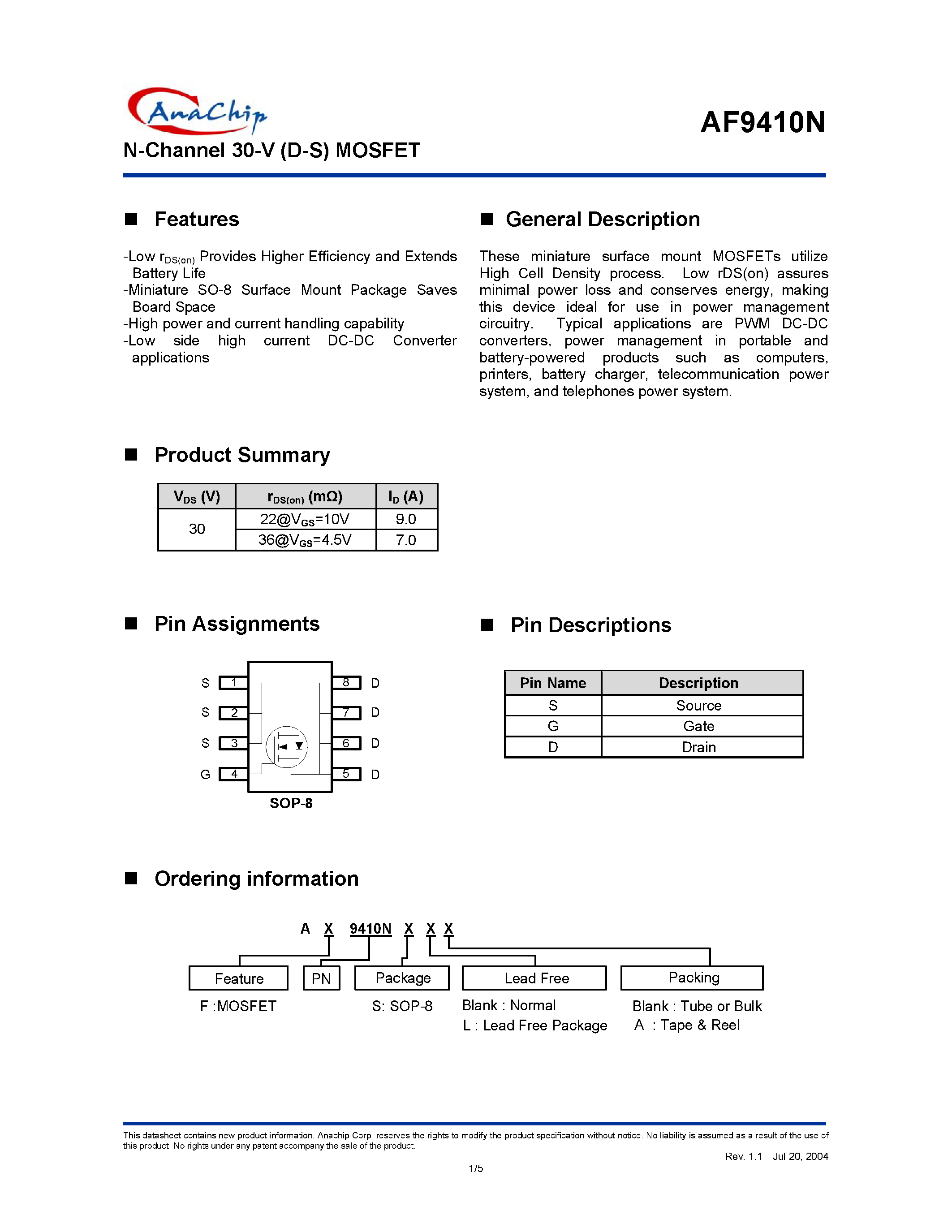 Datasheet AF9410NSA - N-Channel 30-V (D-S) MOSFET page 1