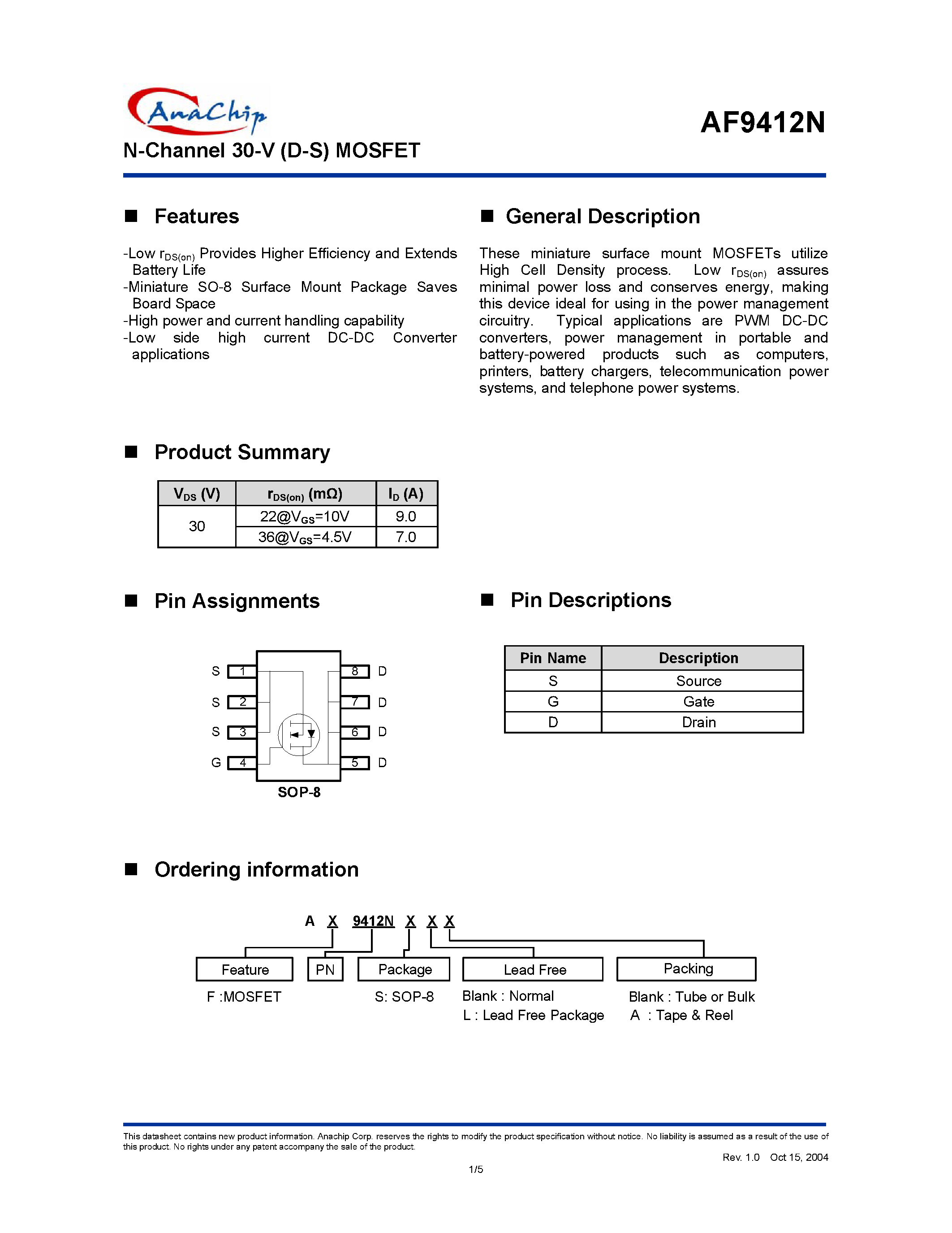Datasheet AF9412N - N-Channel 30-V (D-S) MOSFET page 1
