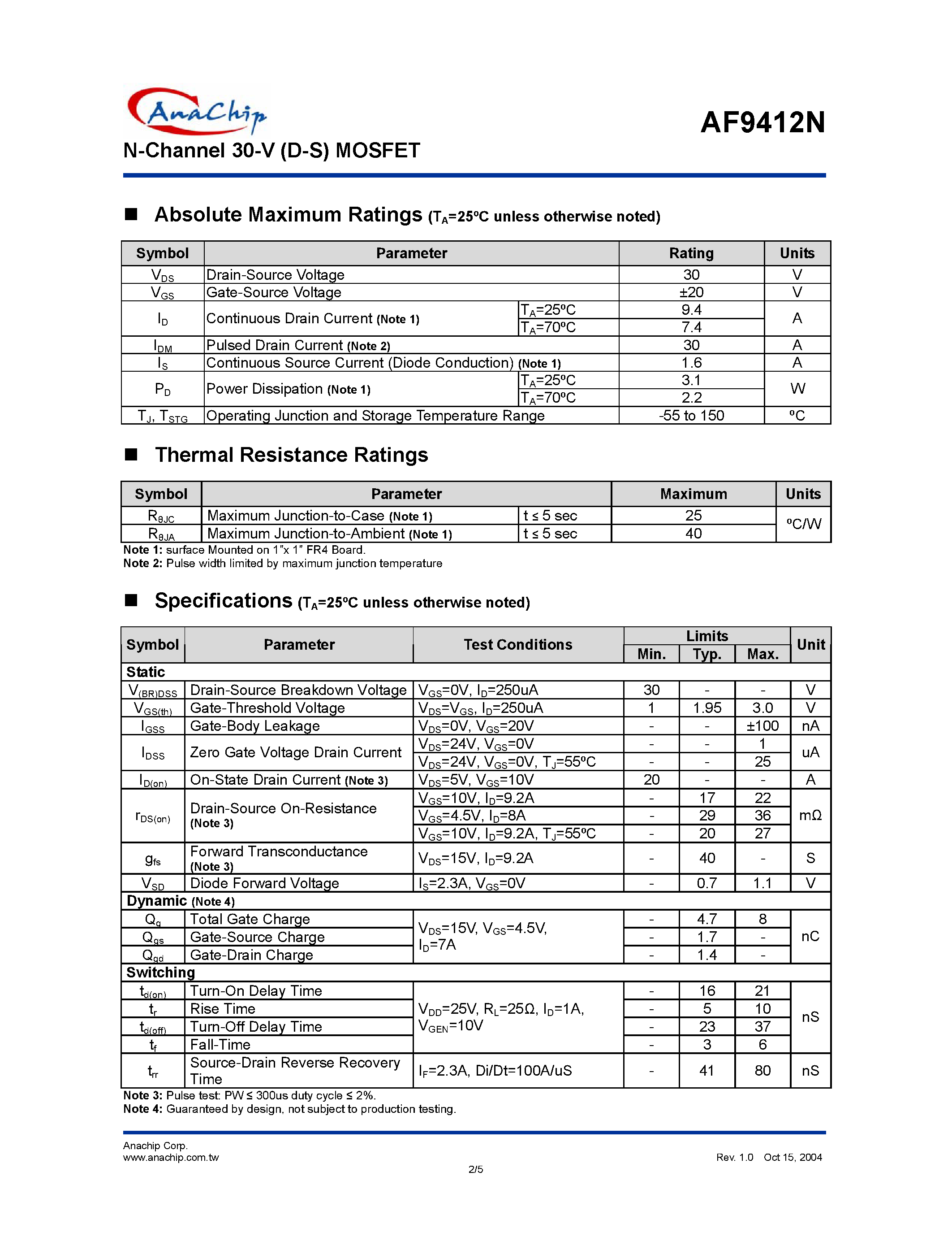 Datasheet AF9412NSLA - N-Channel 30-V (D-S) MOSFET page 2
