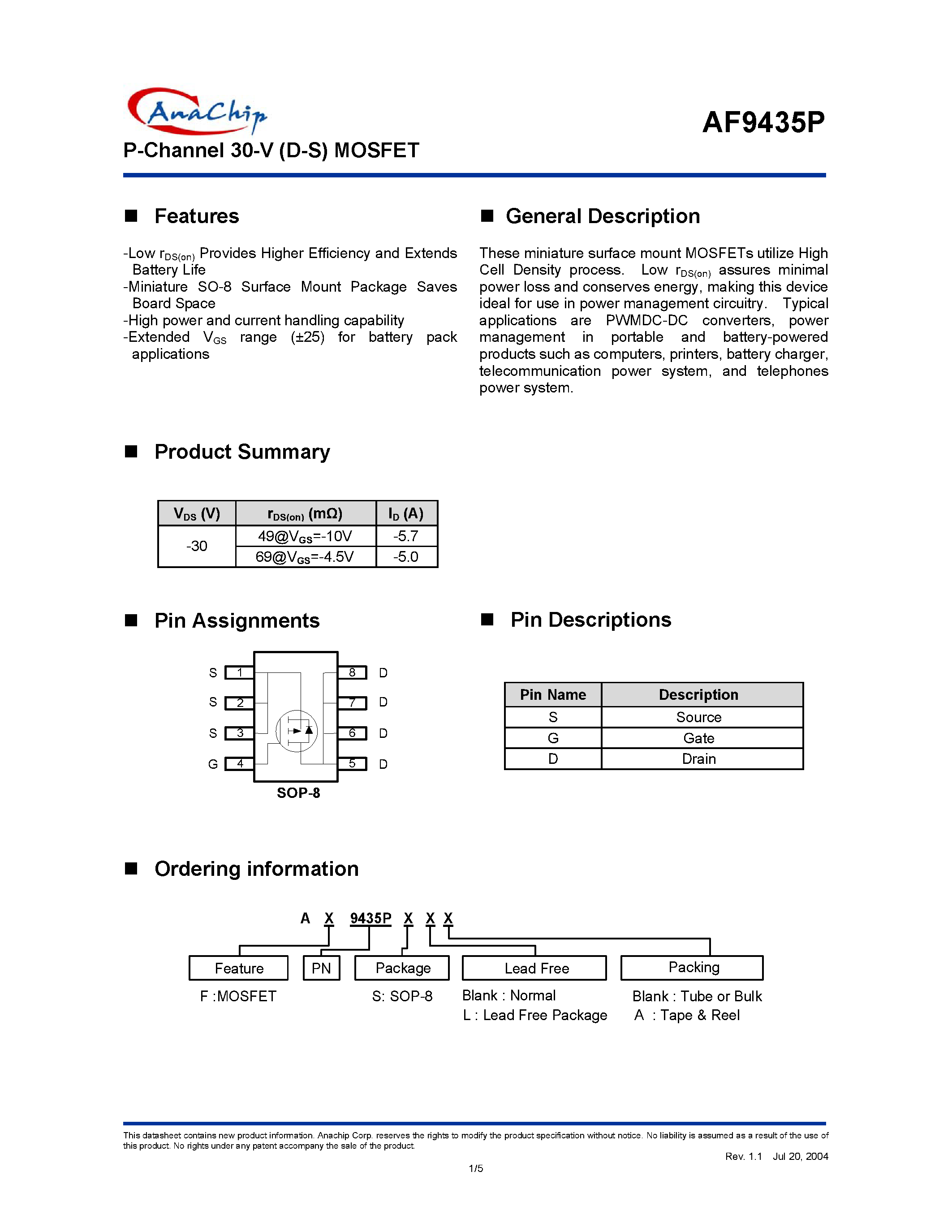 Datasheet AF9435PS - P-Channel 30-V (D-S) MOSFET page 1