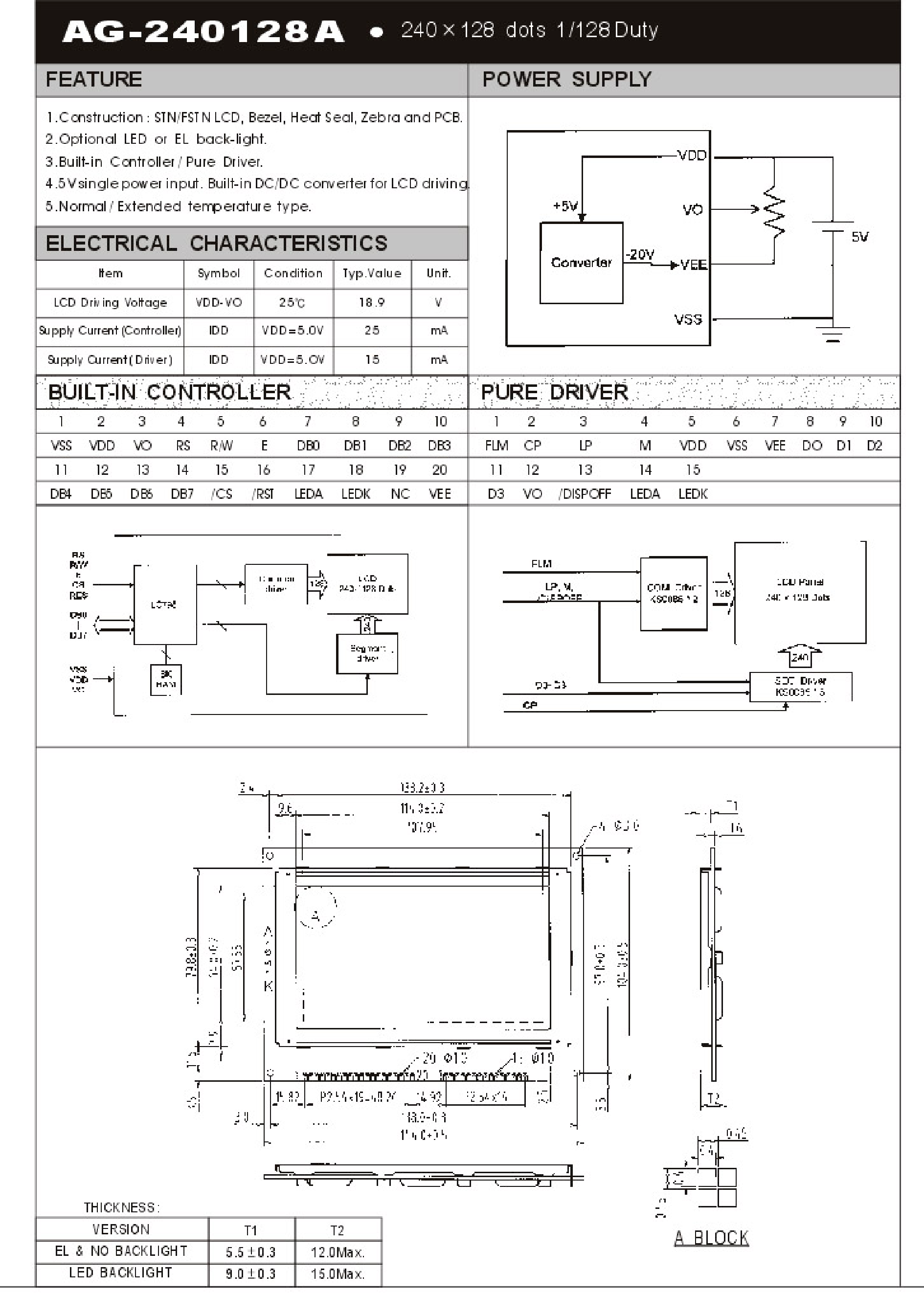 Datasheet AG-240128A - 240 X 128 DOTS 1/128 DUTY page 1