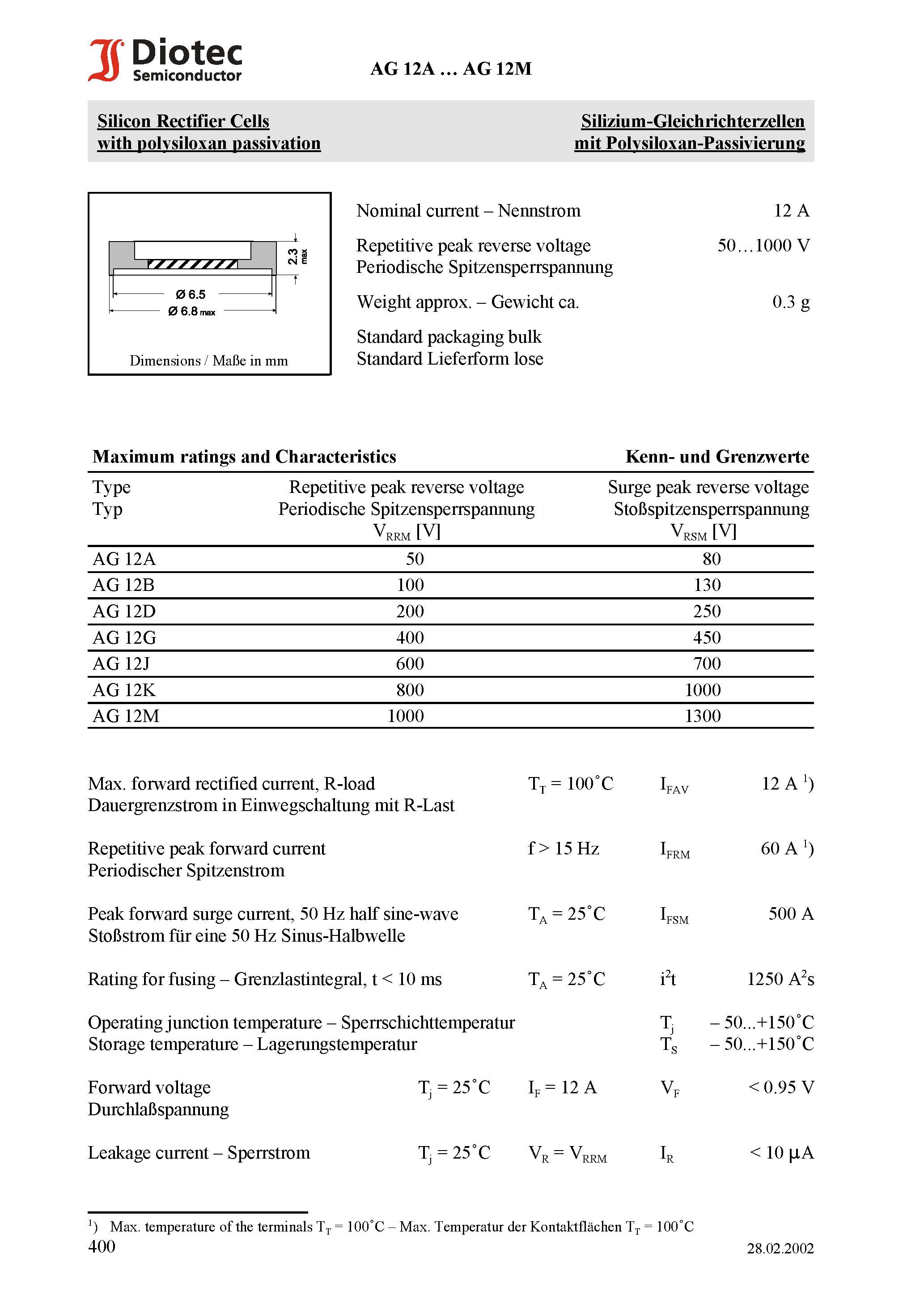 Datasheet AG12M page 1 Datasheet AG12M - Silicon Rectifier Cells with polysiloxan passivation page 1
