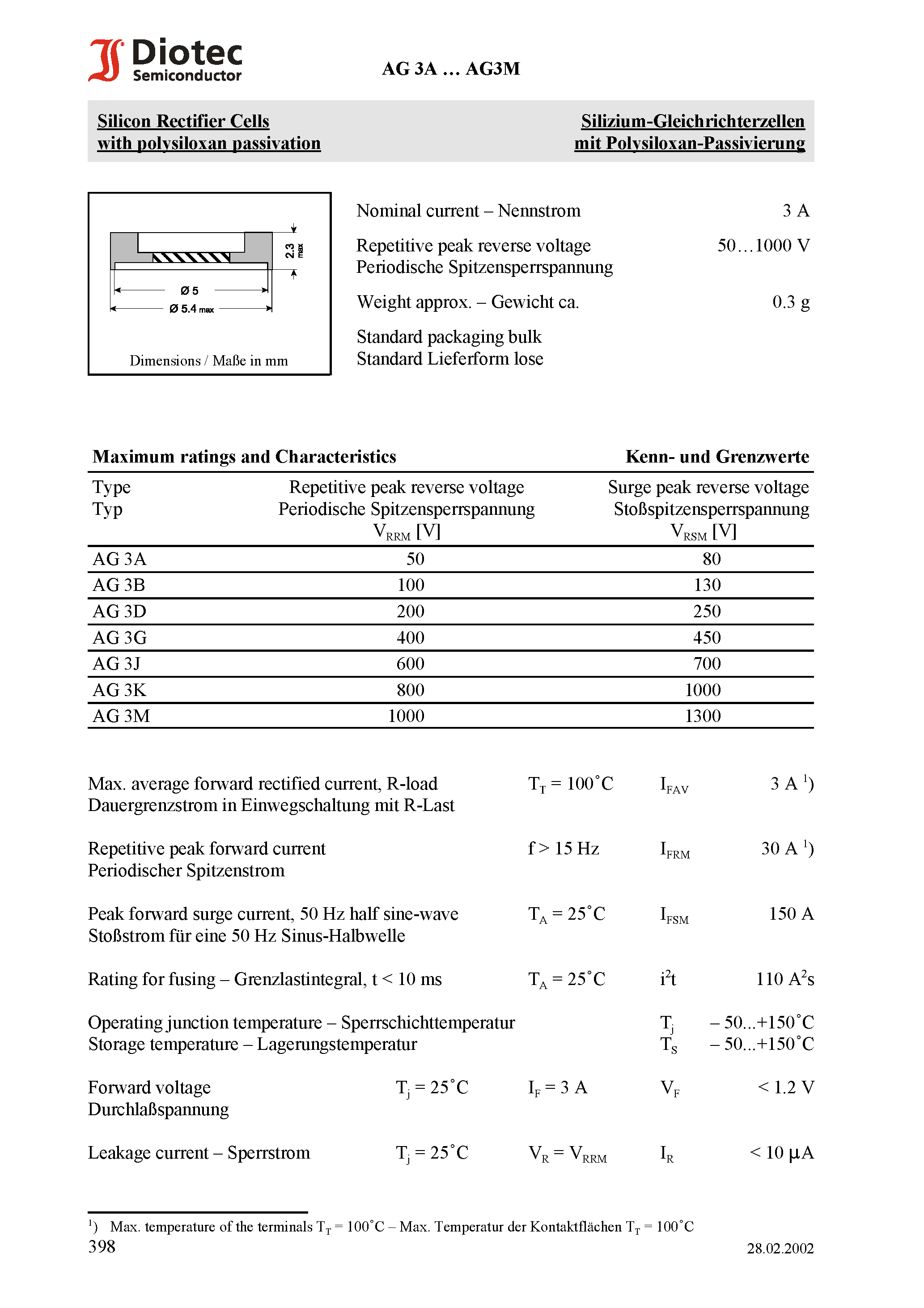 Datasheet AG3D - Silicon Rectifier Cells with polysiloxan passivation page 1