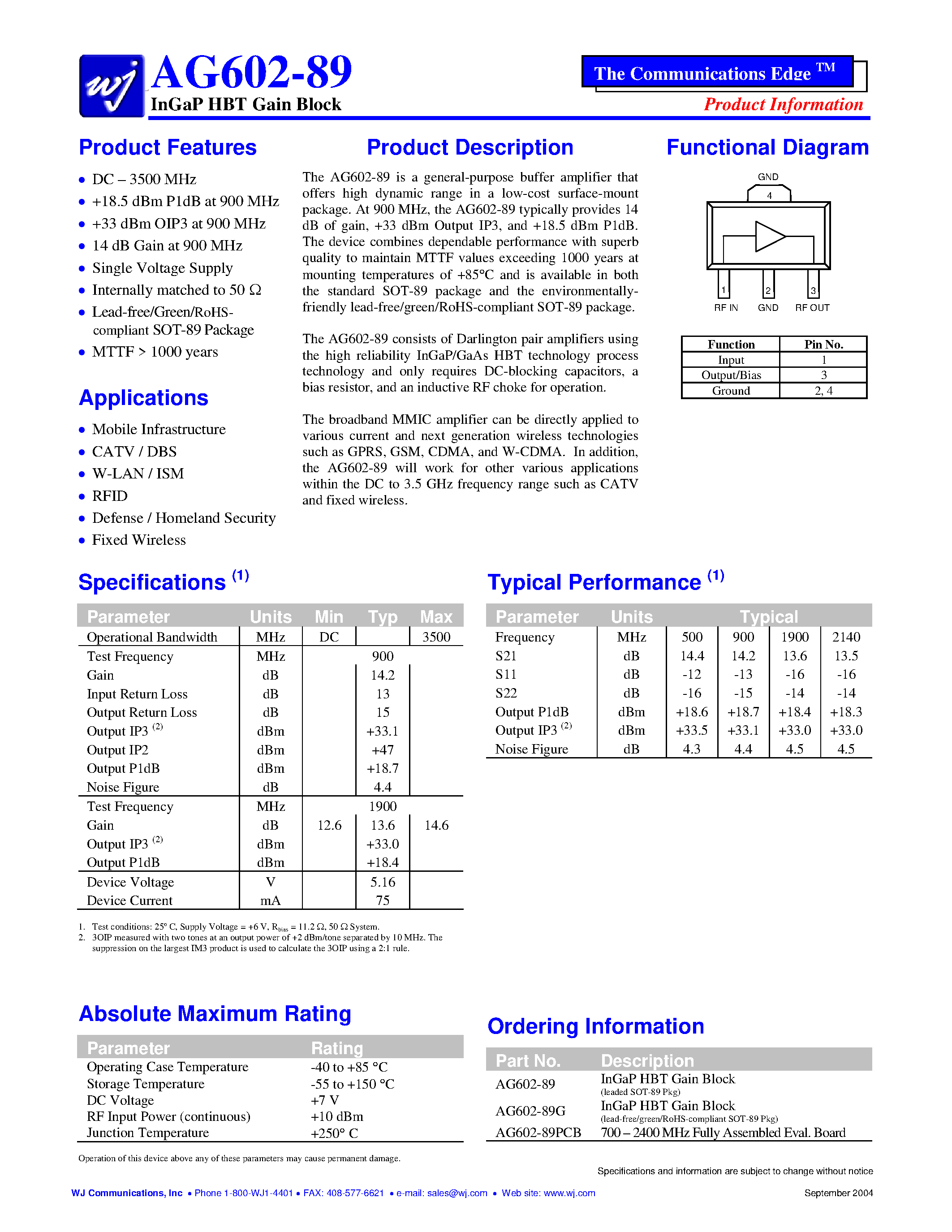 Datasheet AG602-89 page 1 Datasheet AG602-89 - InGaP HBT Gain Block page 1
