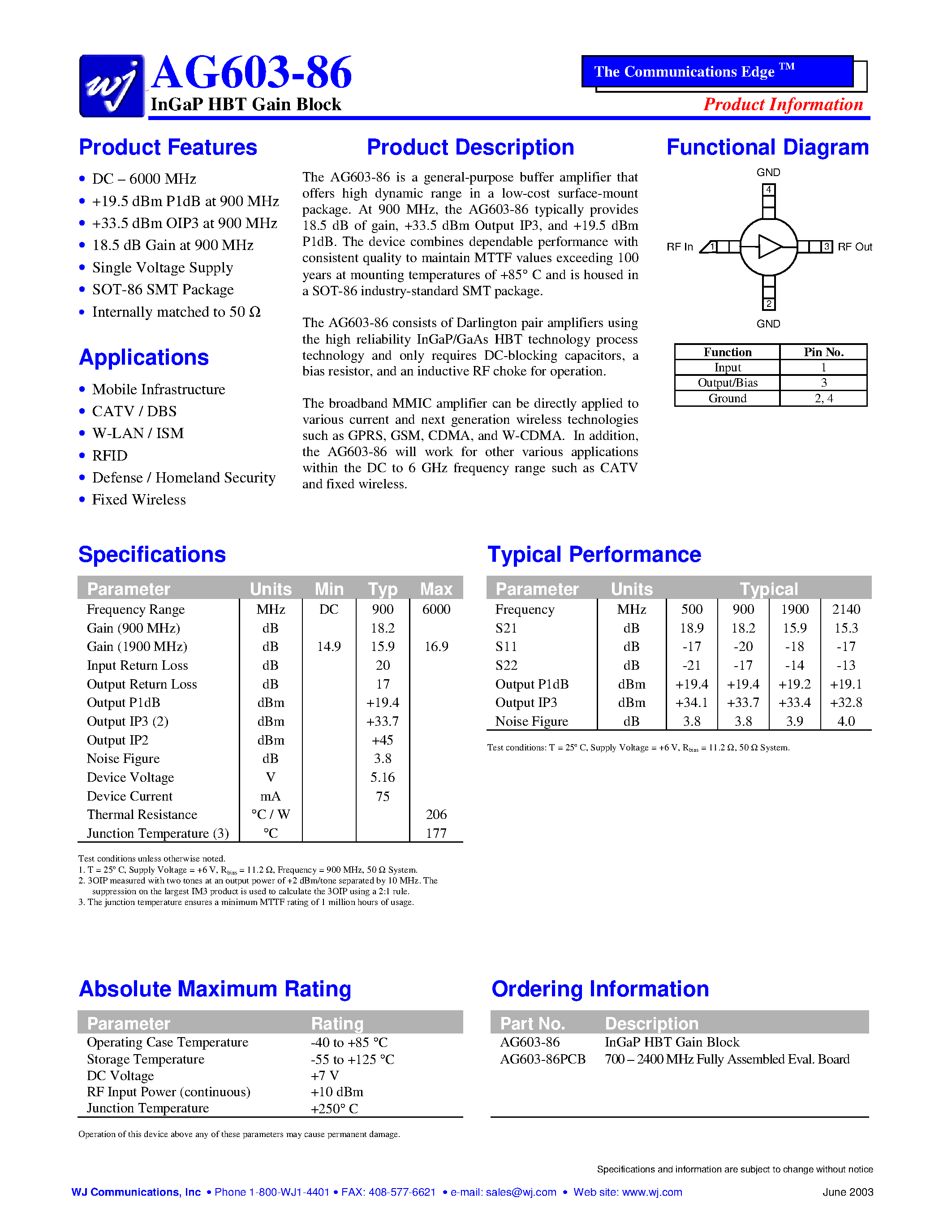 Datasheet AG603-86PCB page 1 Datasheet AG603-86PCB - InGaP HBT Gain Block page 1