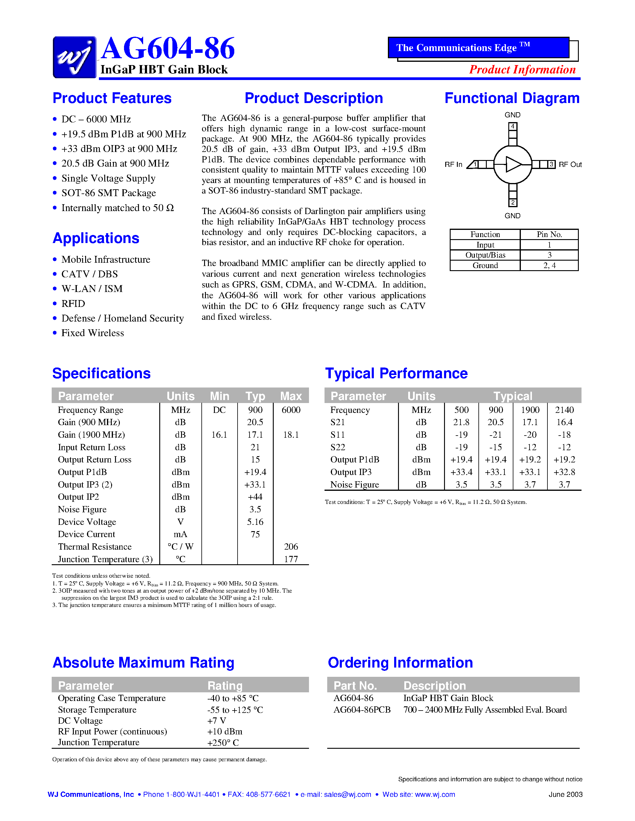 Datasheet AG604-86PCB page 1 Datasheet AG604-86PCB - InGaP HBT Gain Block page 1
