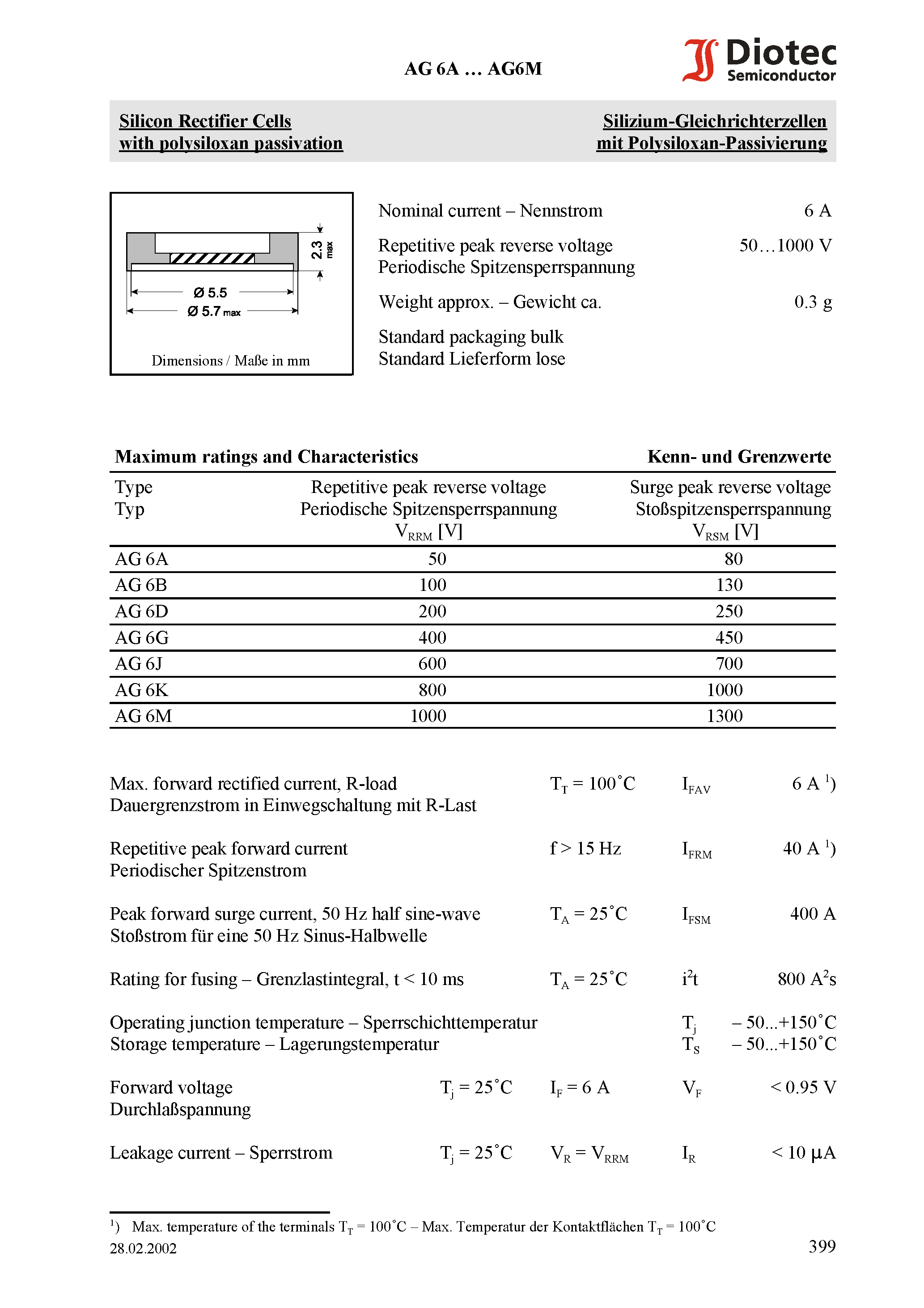 Datasheet AG6B - Silicon Rectifier Cells with polysiloxan passivation page 1