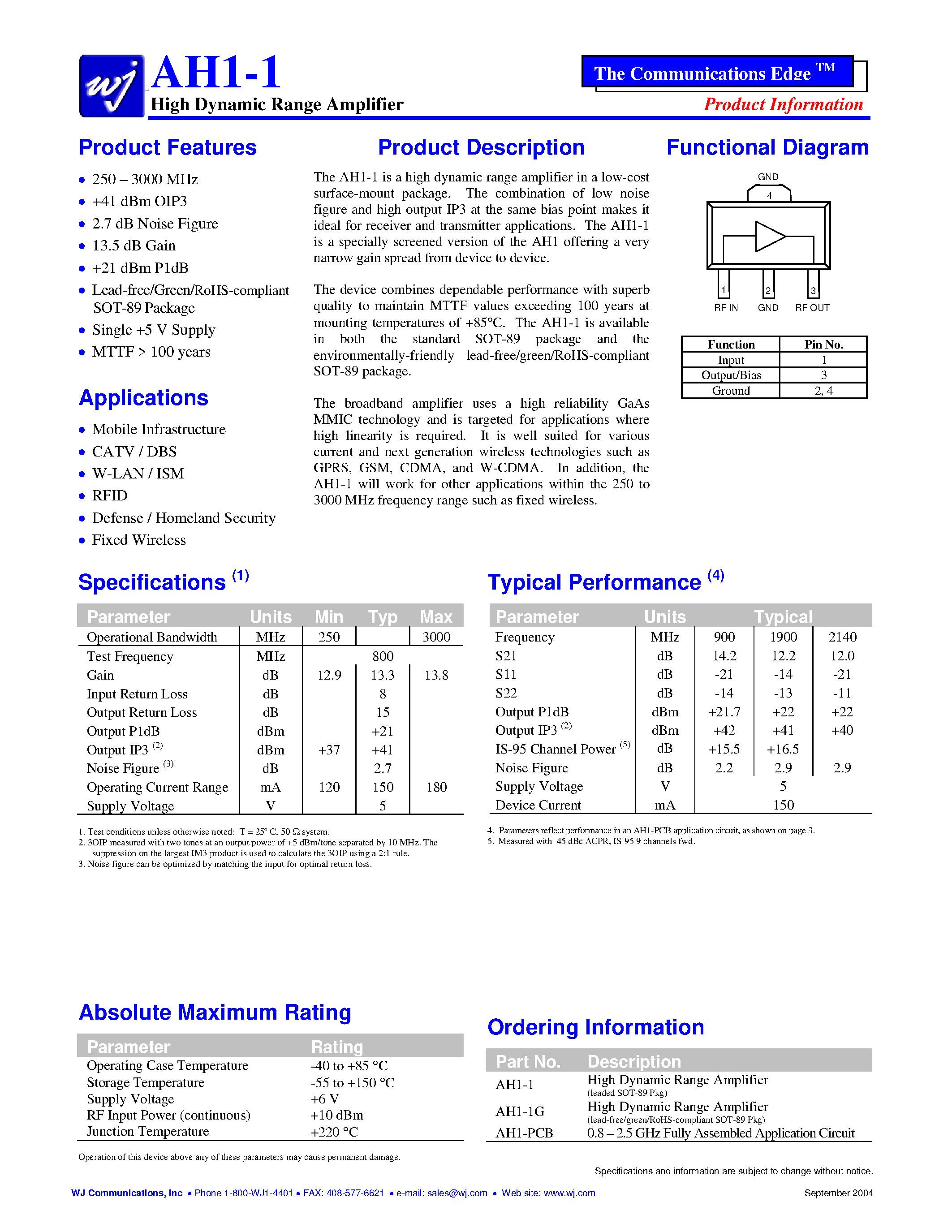 Datasheet AH1-1 - High Dynamic Range Amplifier page 1