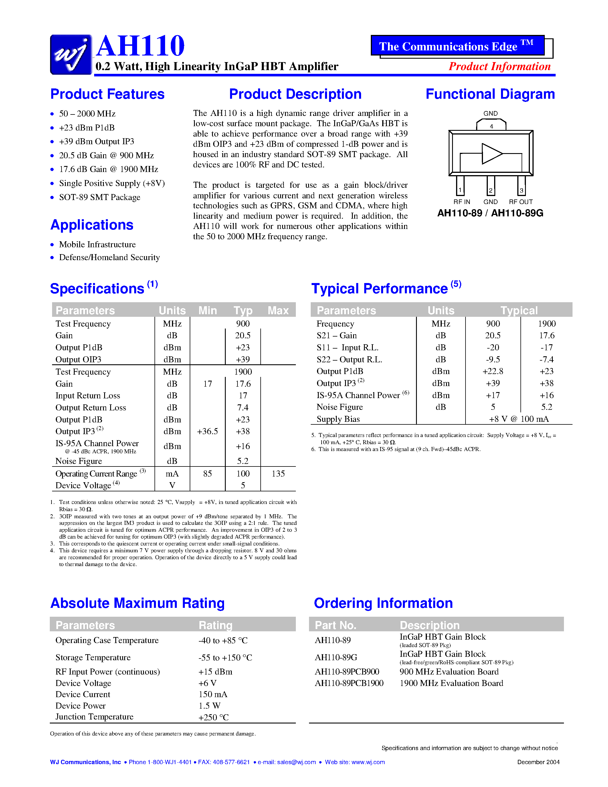 Datasheet AH110-89PCB900 - 0.2 Watt/ High Linearity InGaP HBT Amplifier page 1