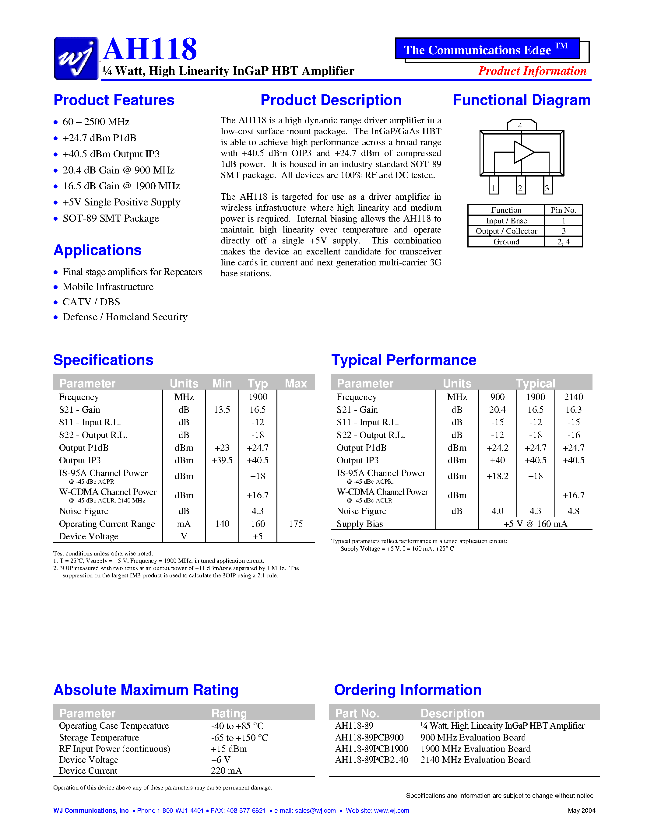 Datasheet AH118-89PCB2140 - 1/4 Watt/ High Linearity InGaP HBT Amplifier page 1