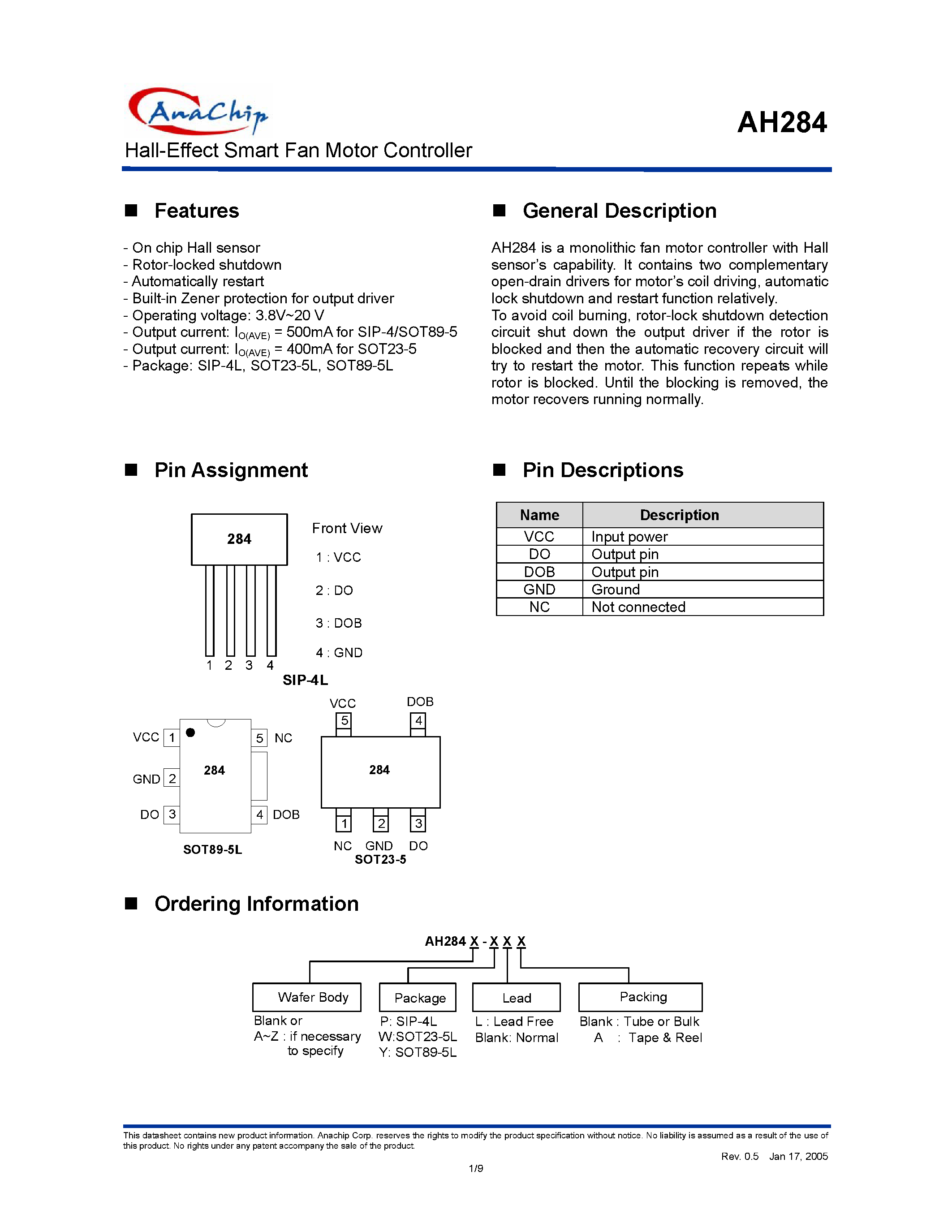Datasheet AH284 - Hall-Effect Smart Fan Motor Controller page 1