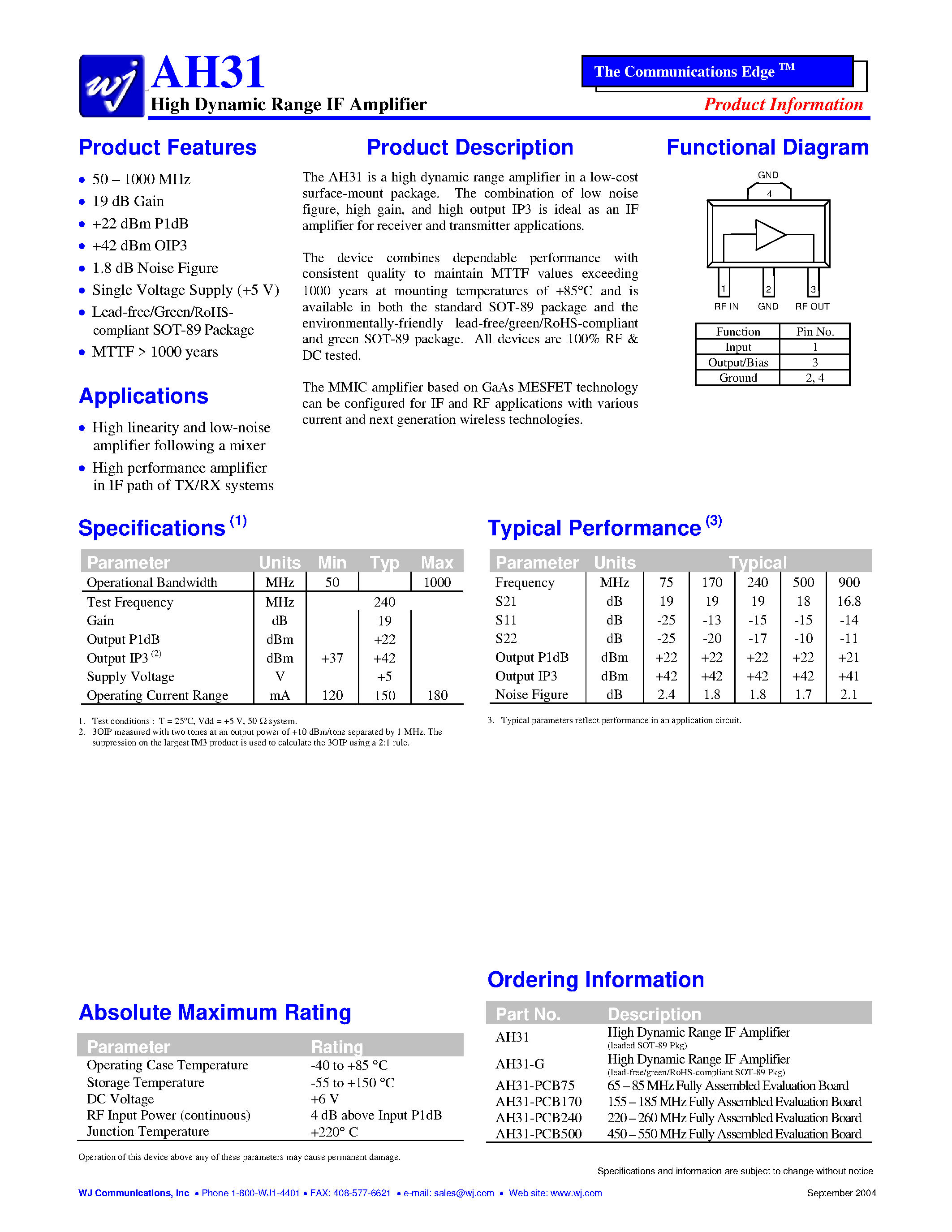 Даташит AH31-G - High Dynamic Range IF Amplifier страница 1
