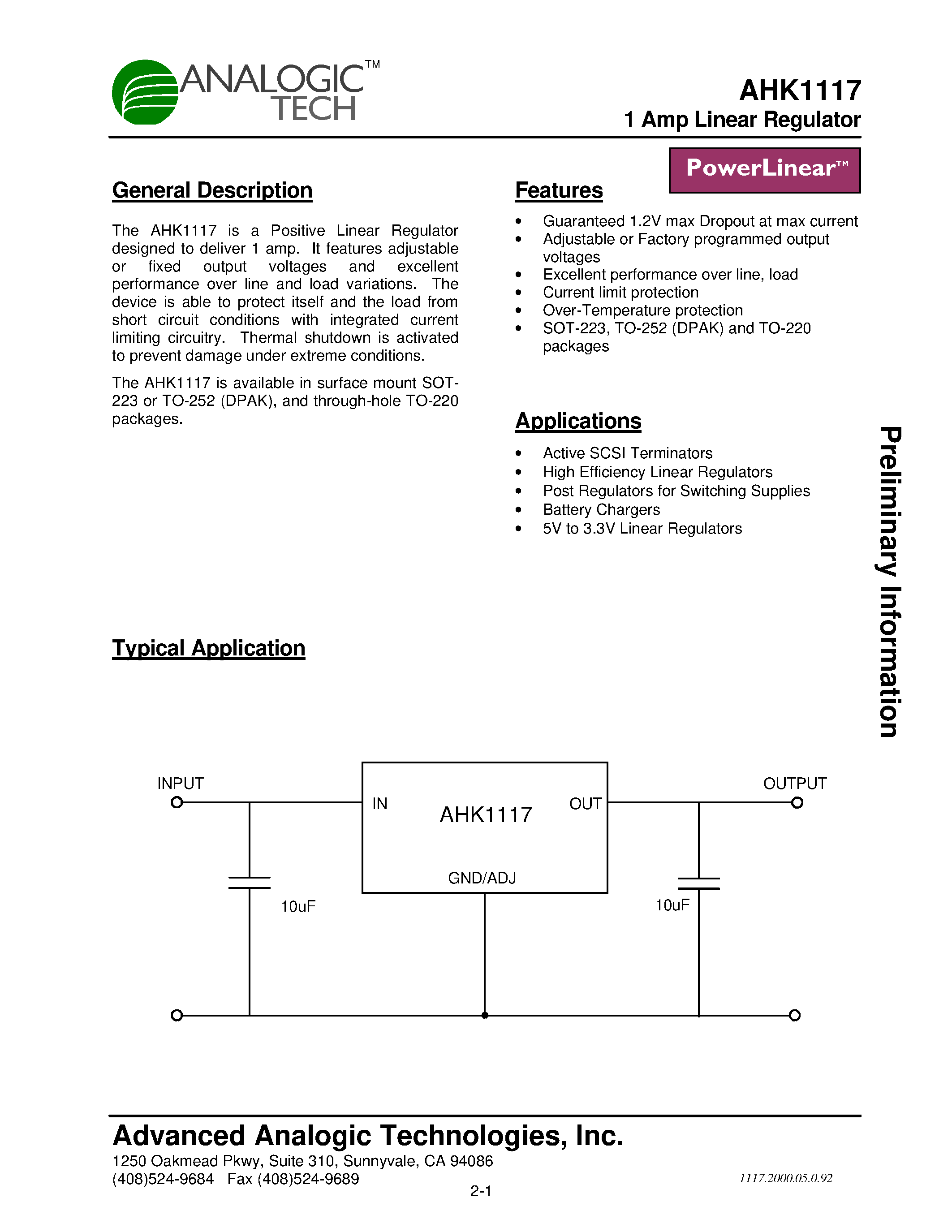 Даташит AHK1117 - 1 Amp Linear Regulator страница 1