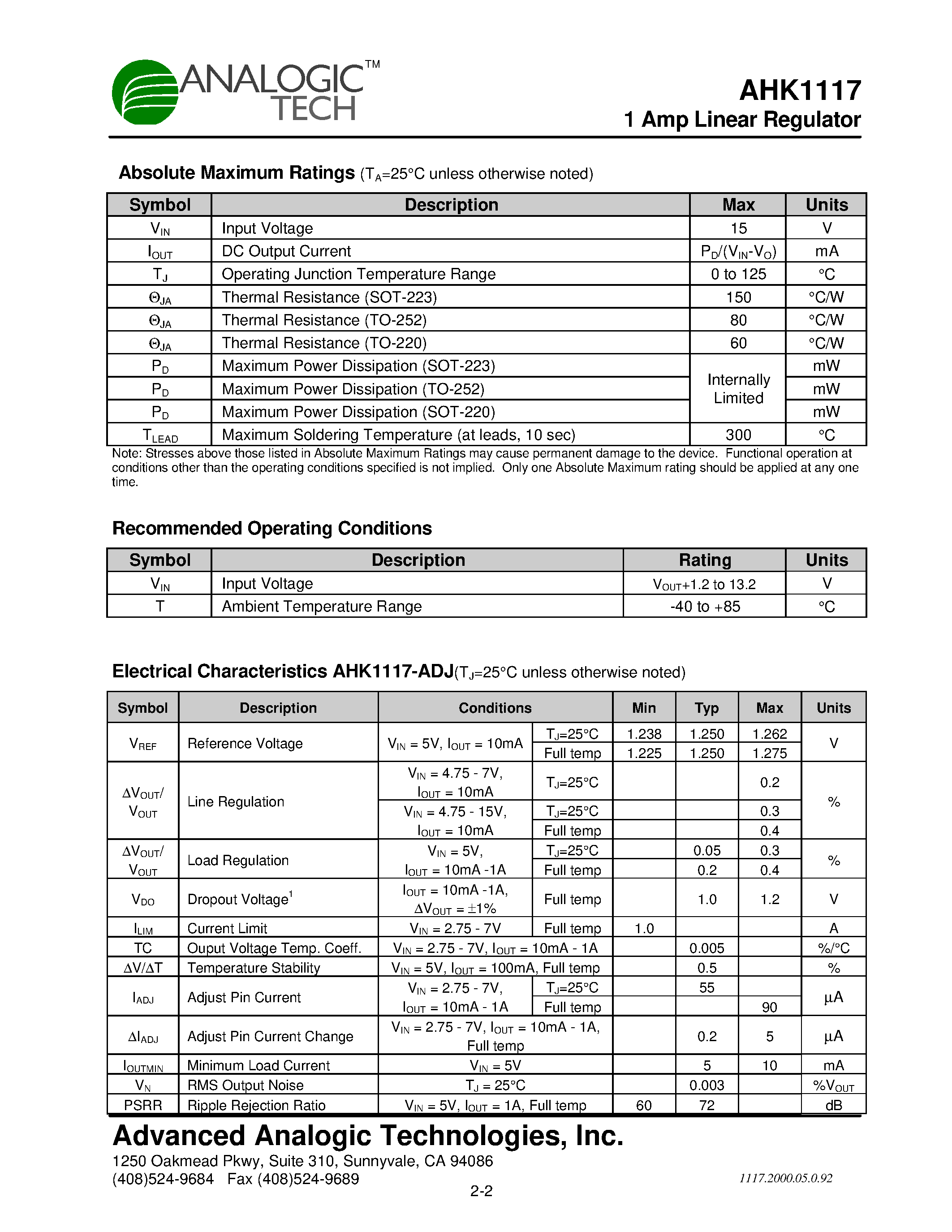Даташит AHK1117 - 1 Amp Linear Regulator страница 2