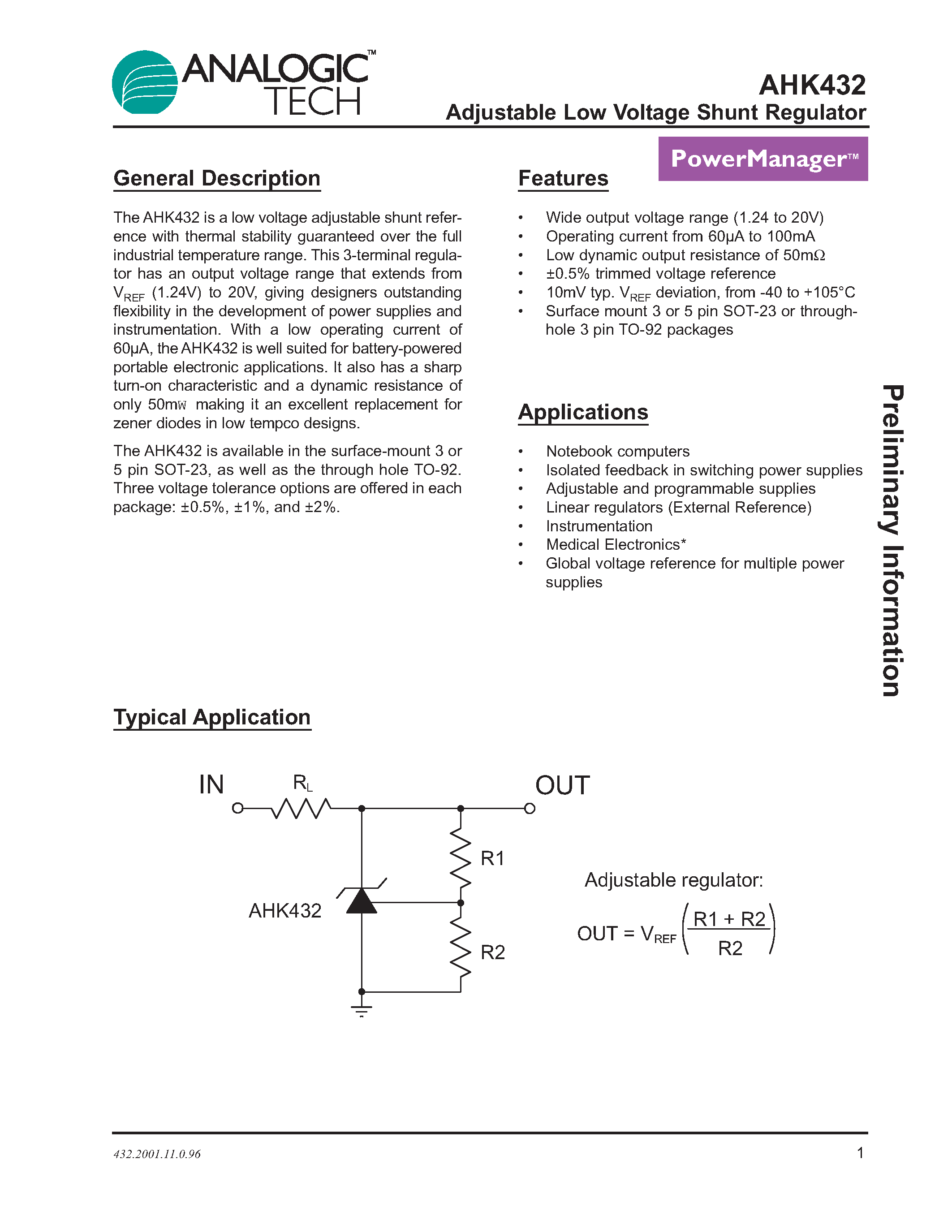 Datasheet AHK432IGV-1-T1 - Adjustable Low Voltage Shunt Regulator page 1