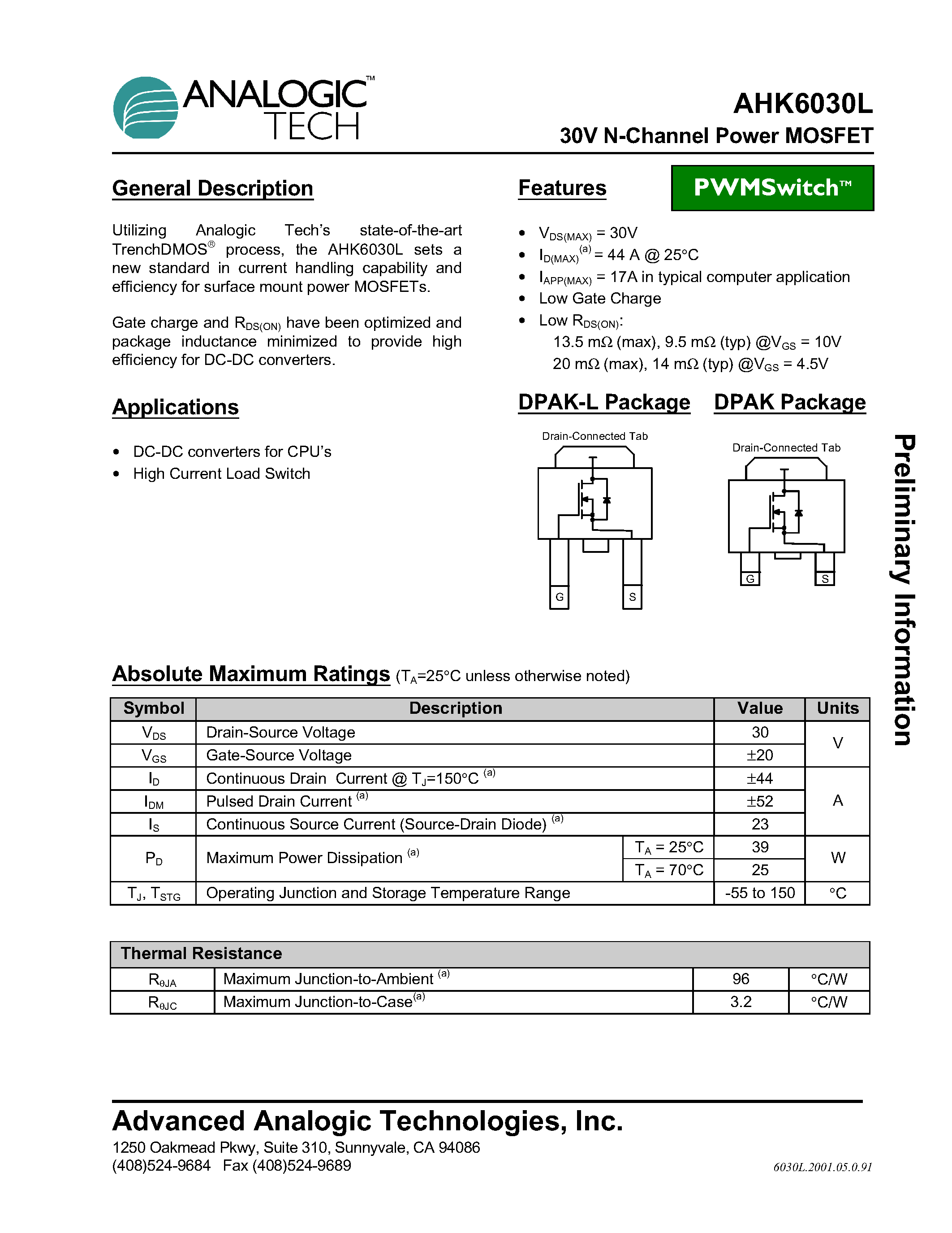 Datasheet AHK6030L - 30V N-Channel Power MOSFET page 1