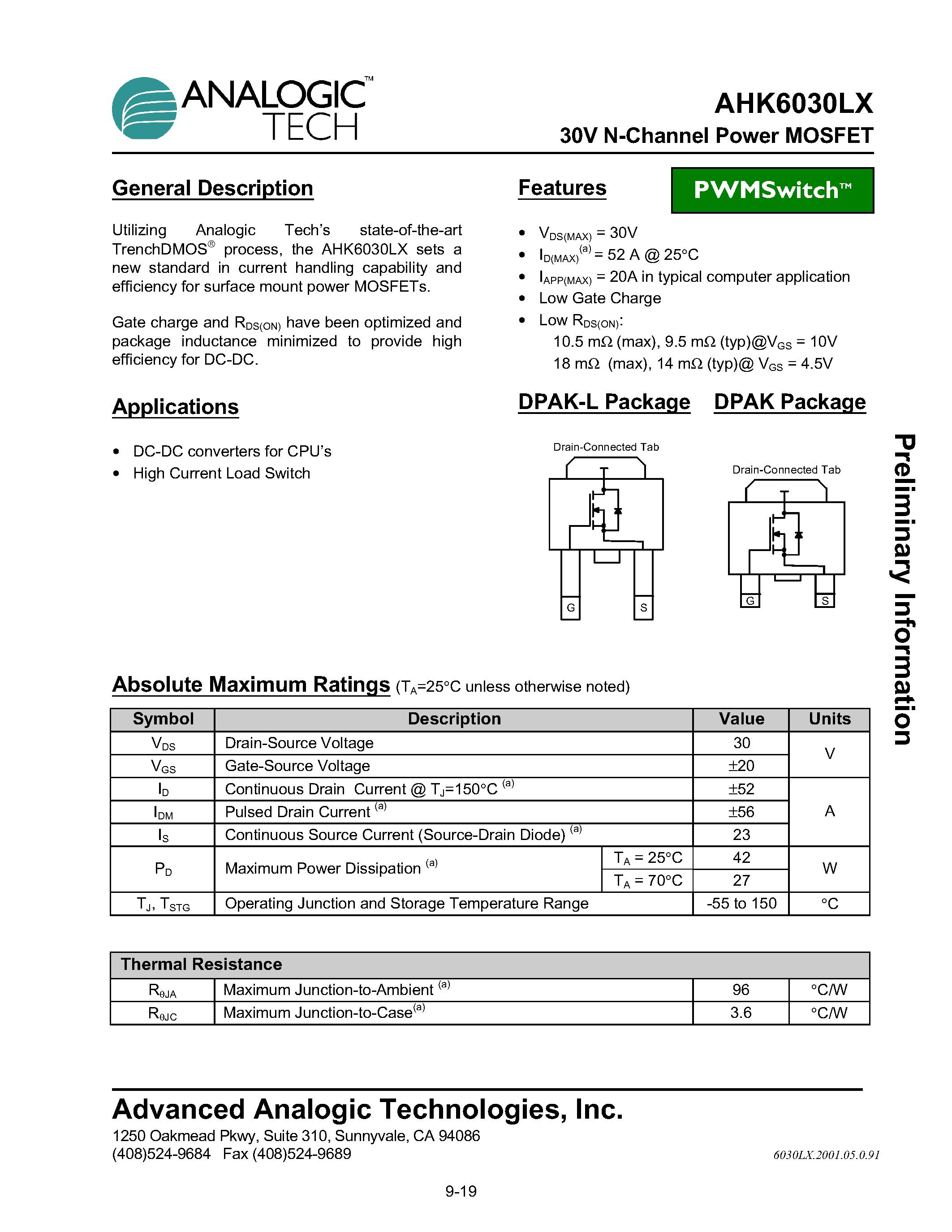 Datasheet AHK6030LX - 30V N-Channel Power MOSFET page 1
