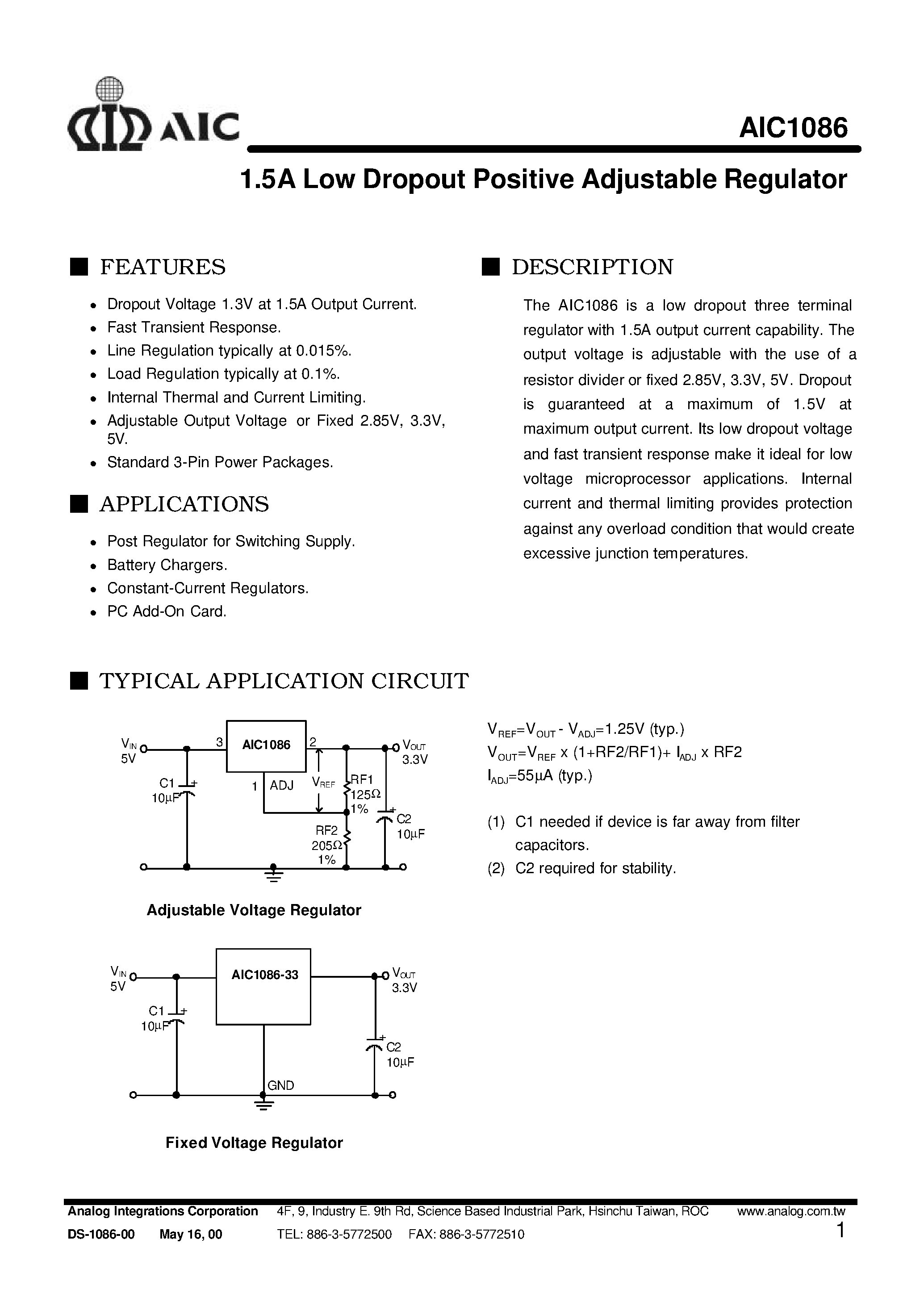 Даташит AIC1086-50CM - 1.5A Low Dropout Positive Adjustable Regulator страница 1