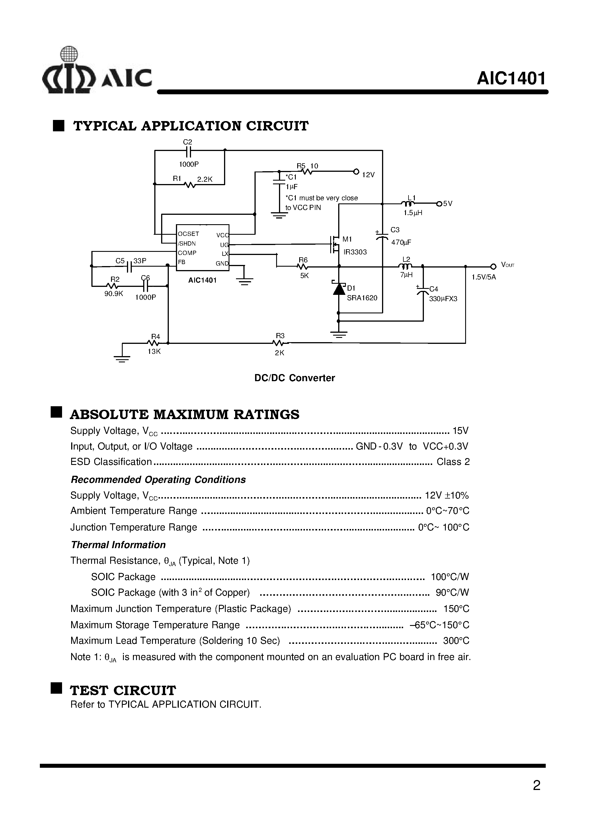 Даташит AIC1401 - PWM Step-Down Switching Controller with Shutdown страница 2