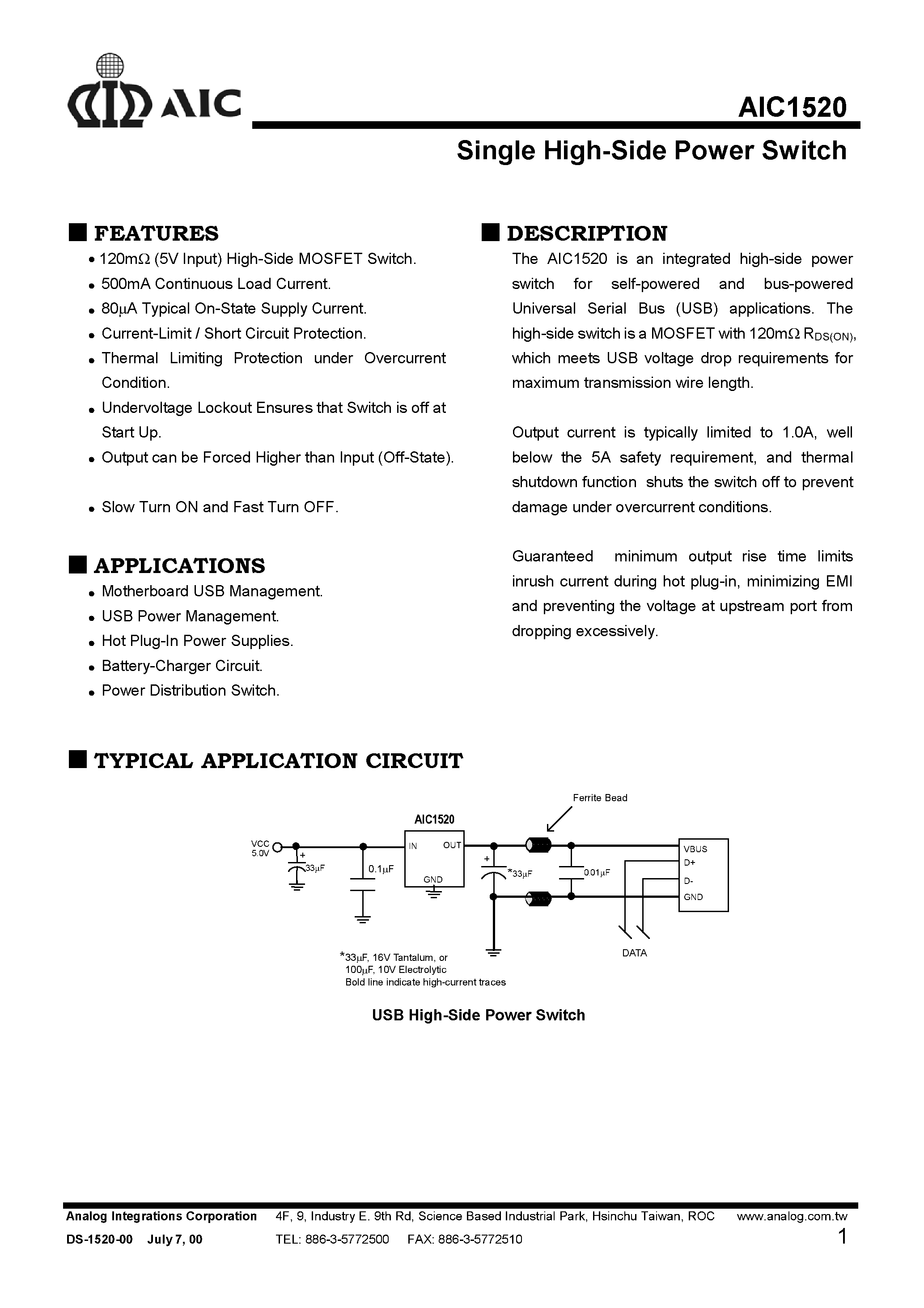 Даташит на микросхему AIC1520 страница 1 Даташит AIC1520 - Single High-Side Power Switch страница 1