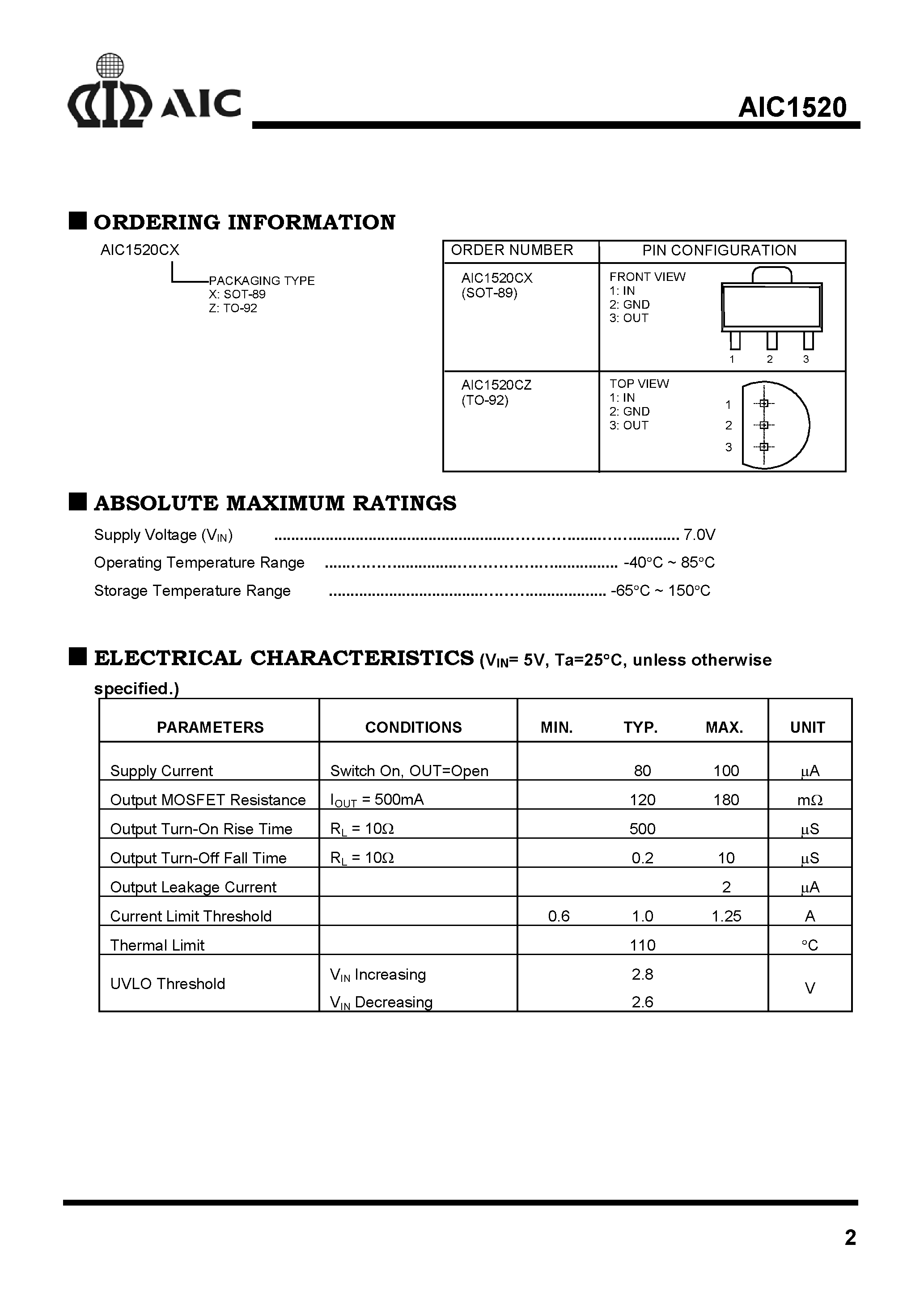 Даташит на микросхему AIC1520 страница 2 Даташит AIC1520 - Single High-Side Power Switch страница 2