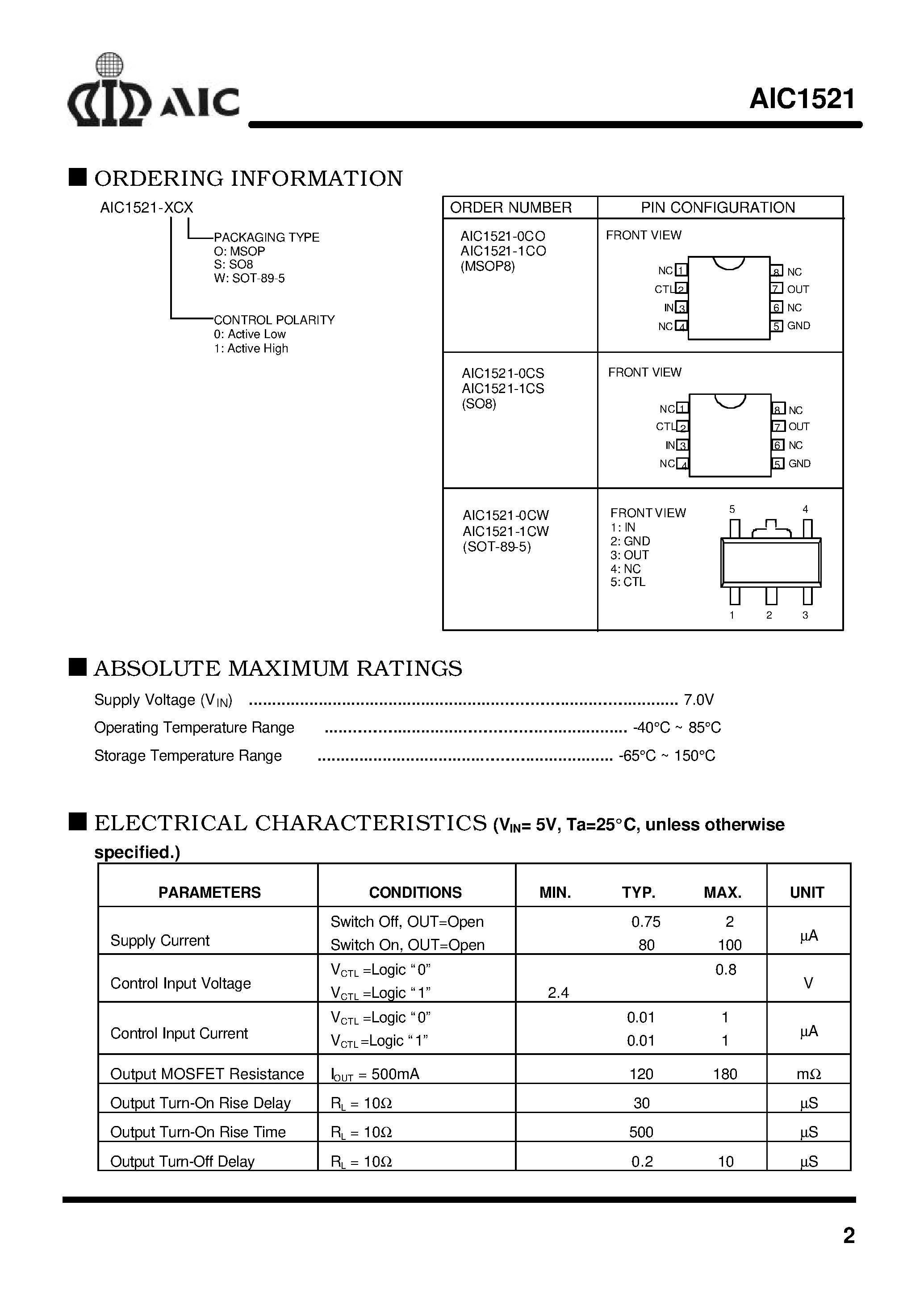 Даташит AIC1521-0CW - Single High-Side Power Switch With Control Function страница 2
