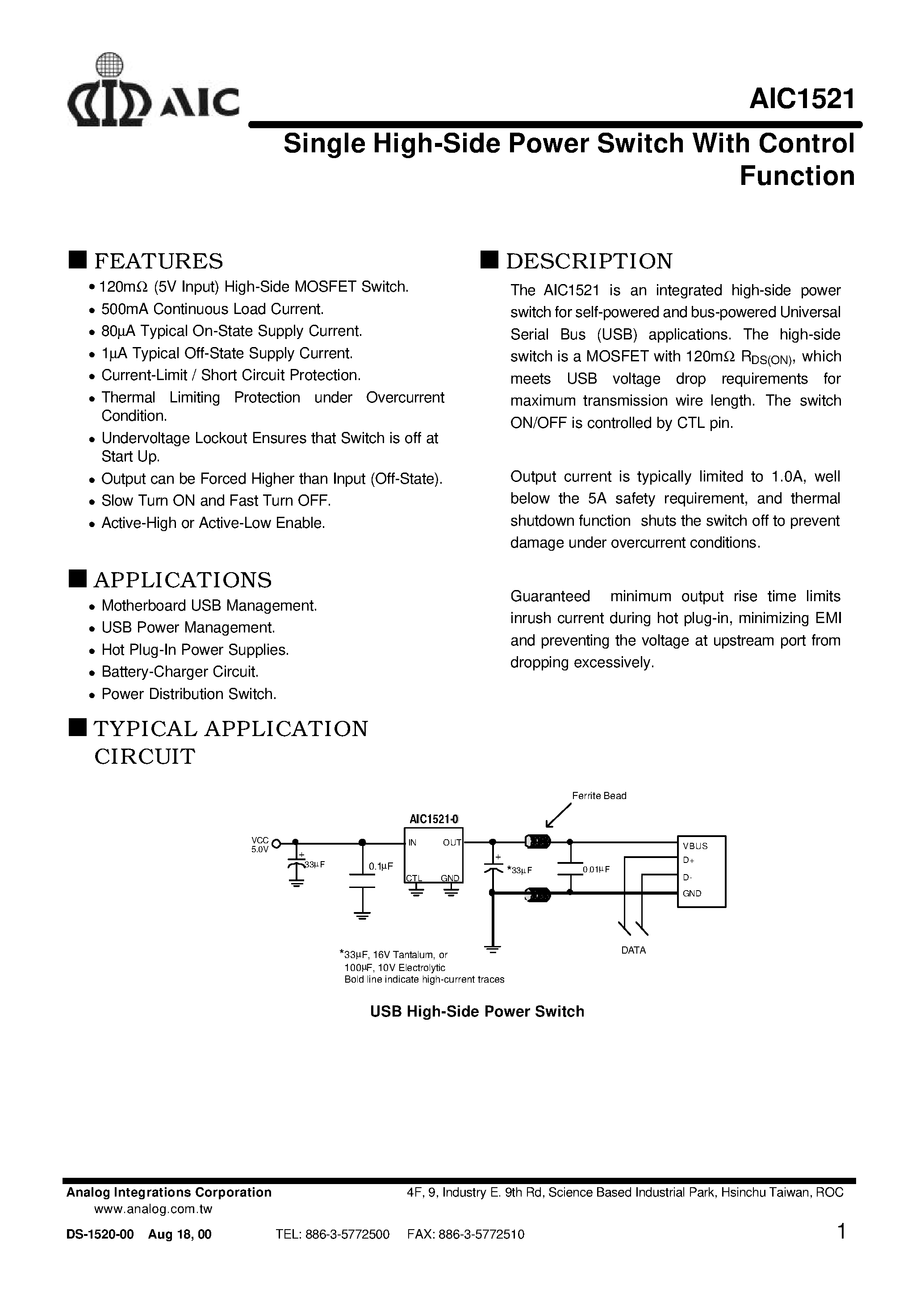 Даташит AIC1521-1CO - Single High-Side Power Switch With Control Function страница 1