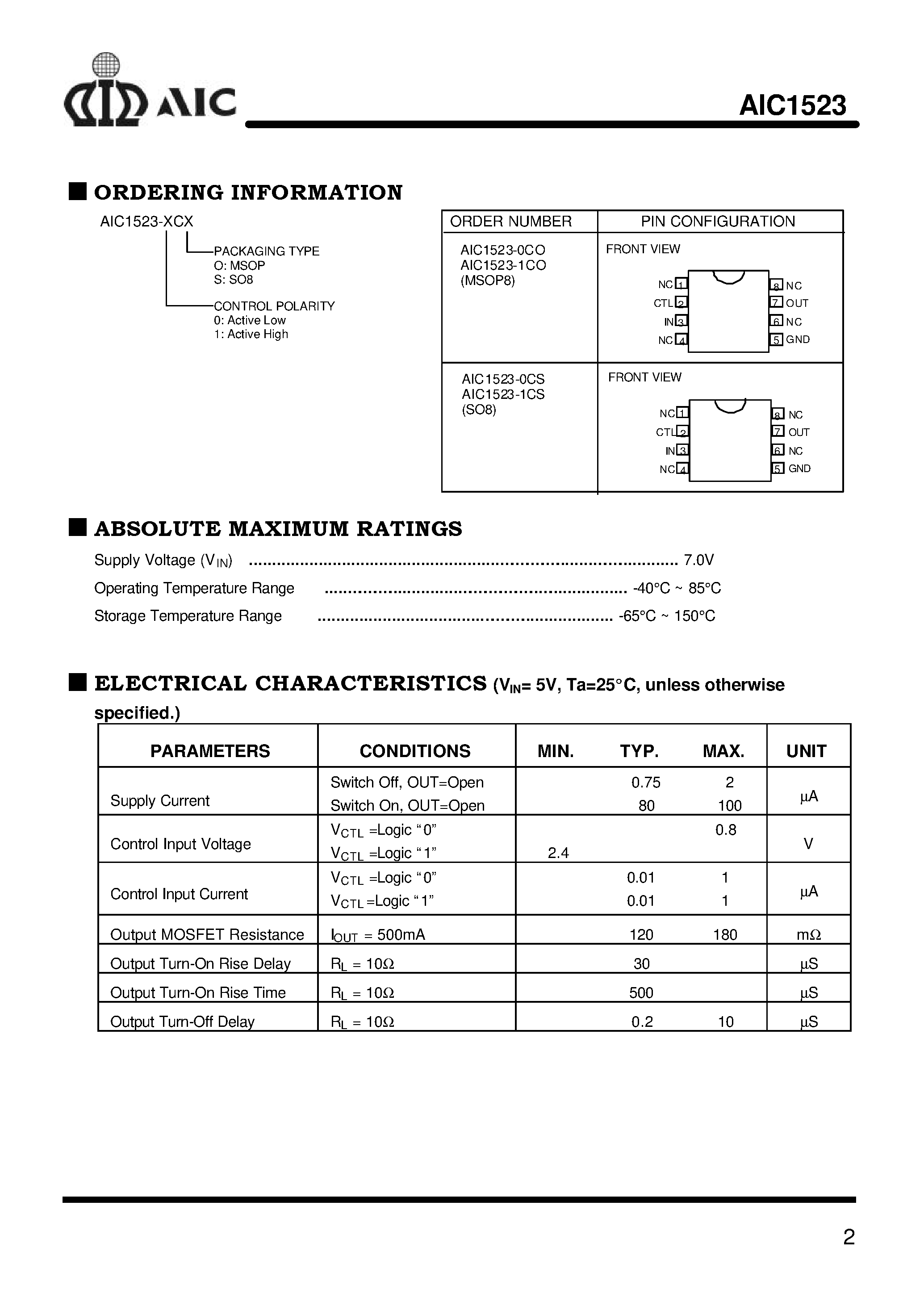 Даташит на микросхему AIC1523-0CO страница 2 Даташит AIC1523-0CO - 500mA Power Distribution Switch страница 2