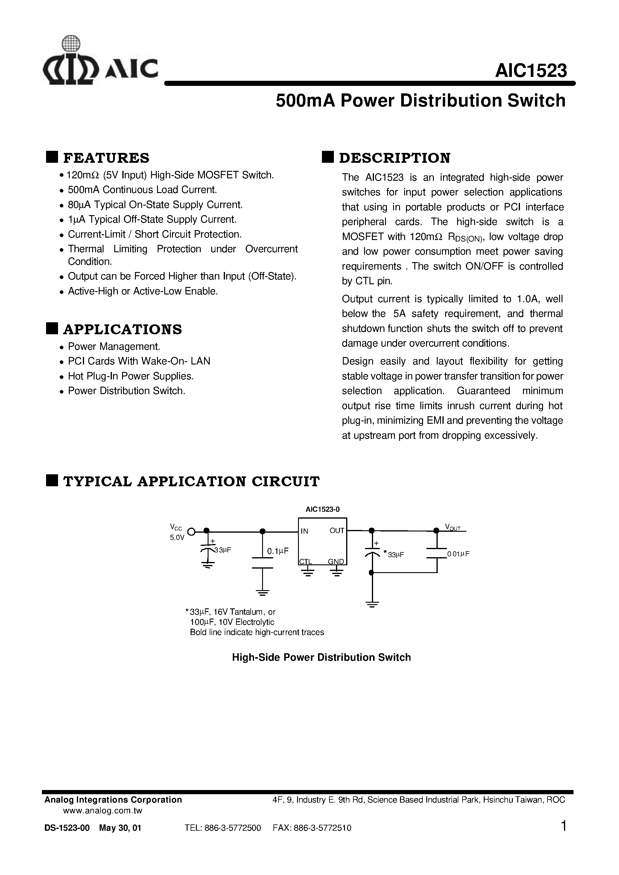Даташит на микросхему AIC1523-0CS страница 1 Даташит AIC1523-0CS - 500mA Power Distribution Switch страница 1