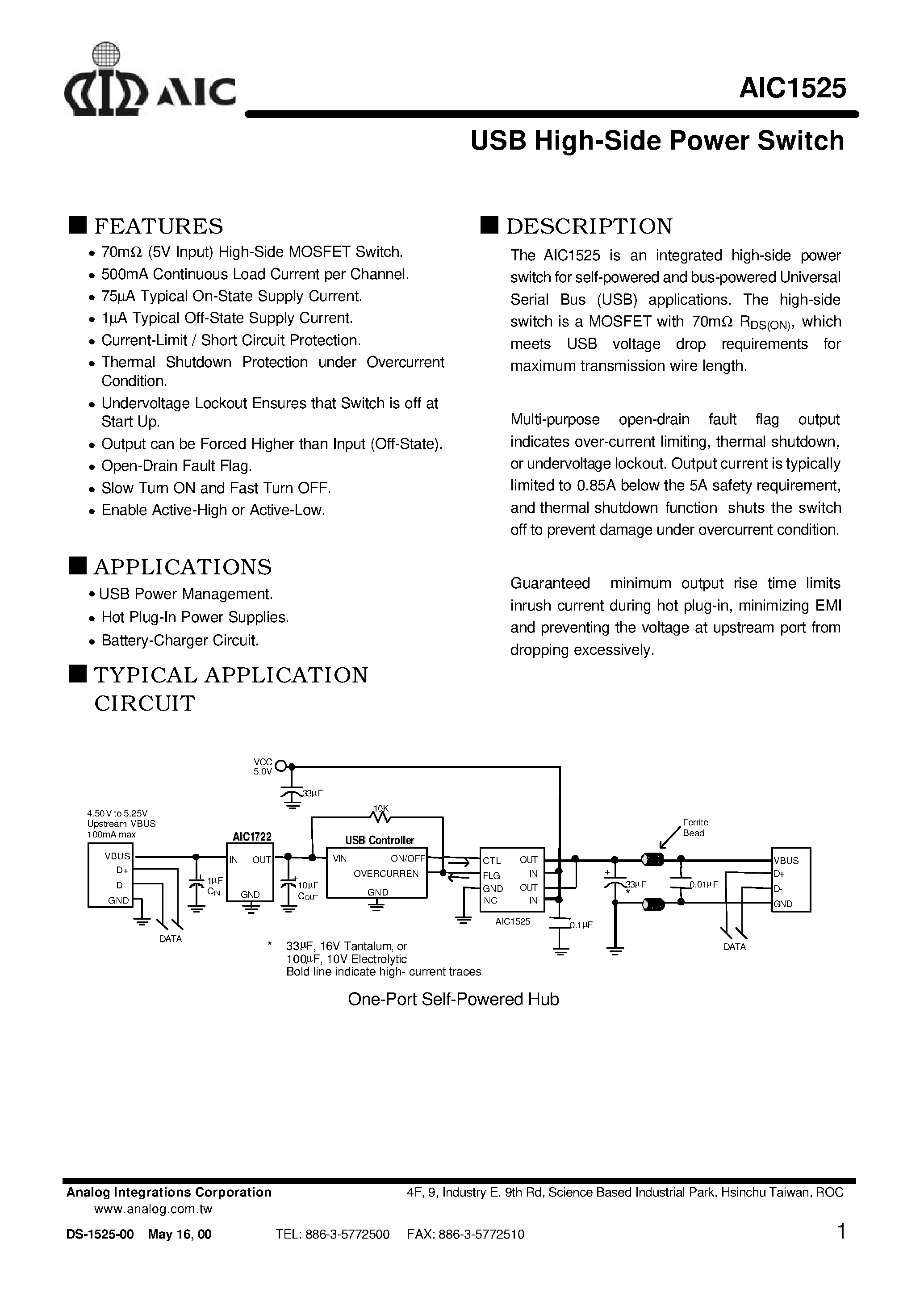 Datasheet AIC1525-0 - USB High-Side Power Switch page 1