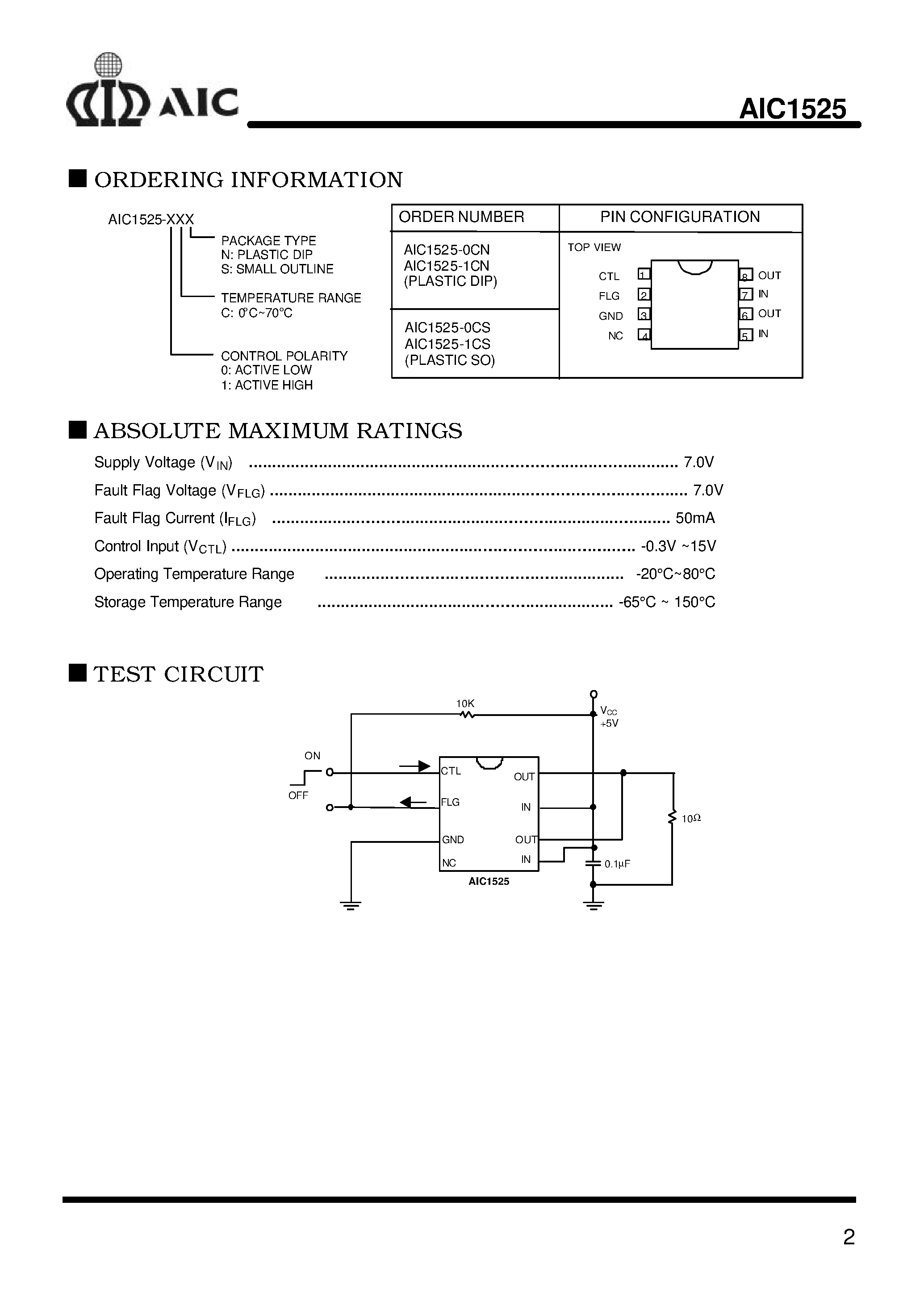 Datasheet AIC1525-0 - USB High-Side Power Switch page 2