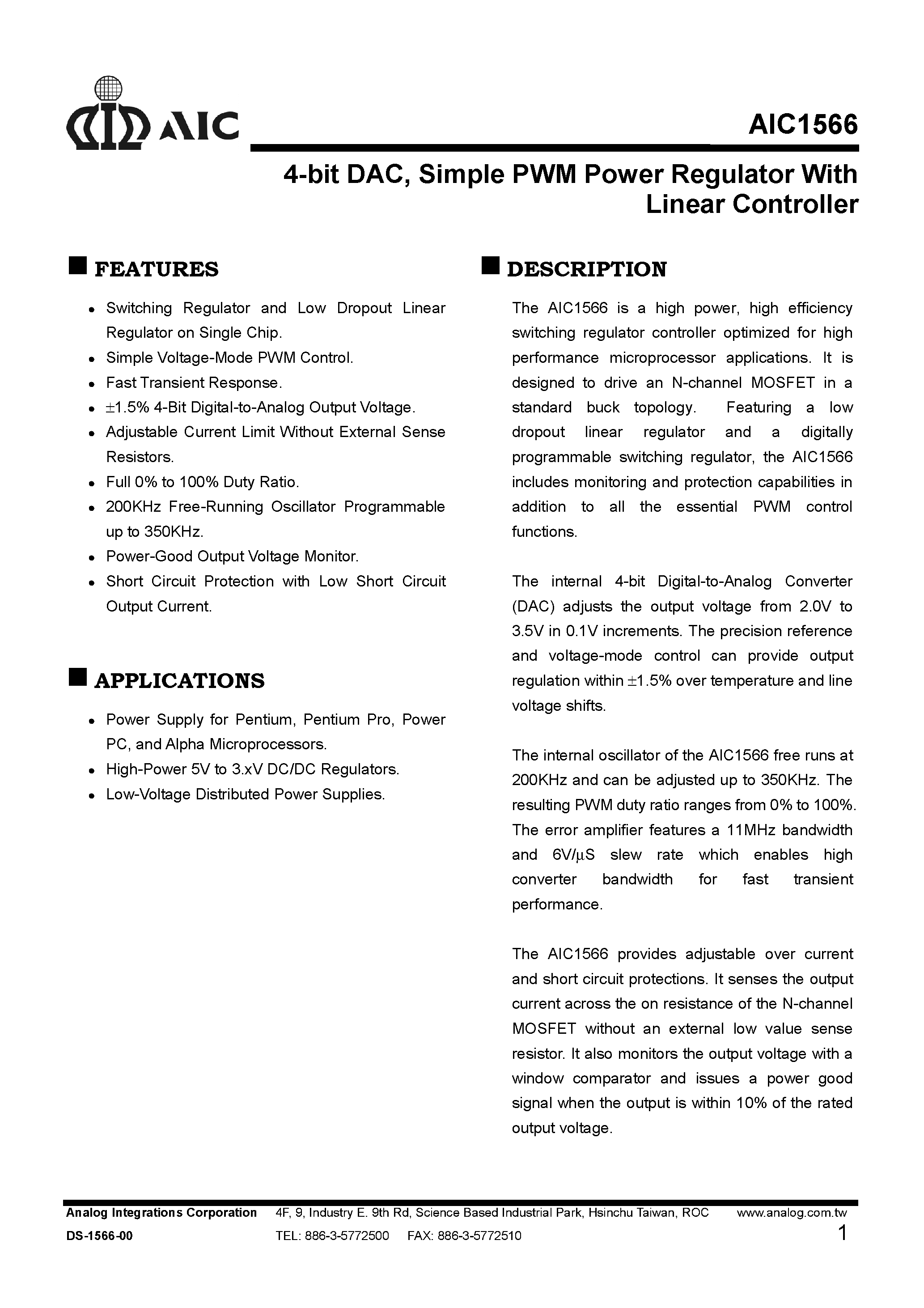 Datasheet AIC1566 - 4-bit DAC/ Simple PWM Power Regulator With Linear Controller page 1
