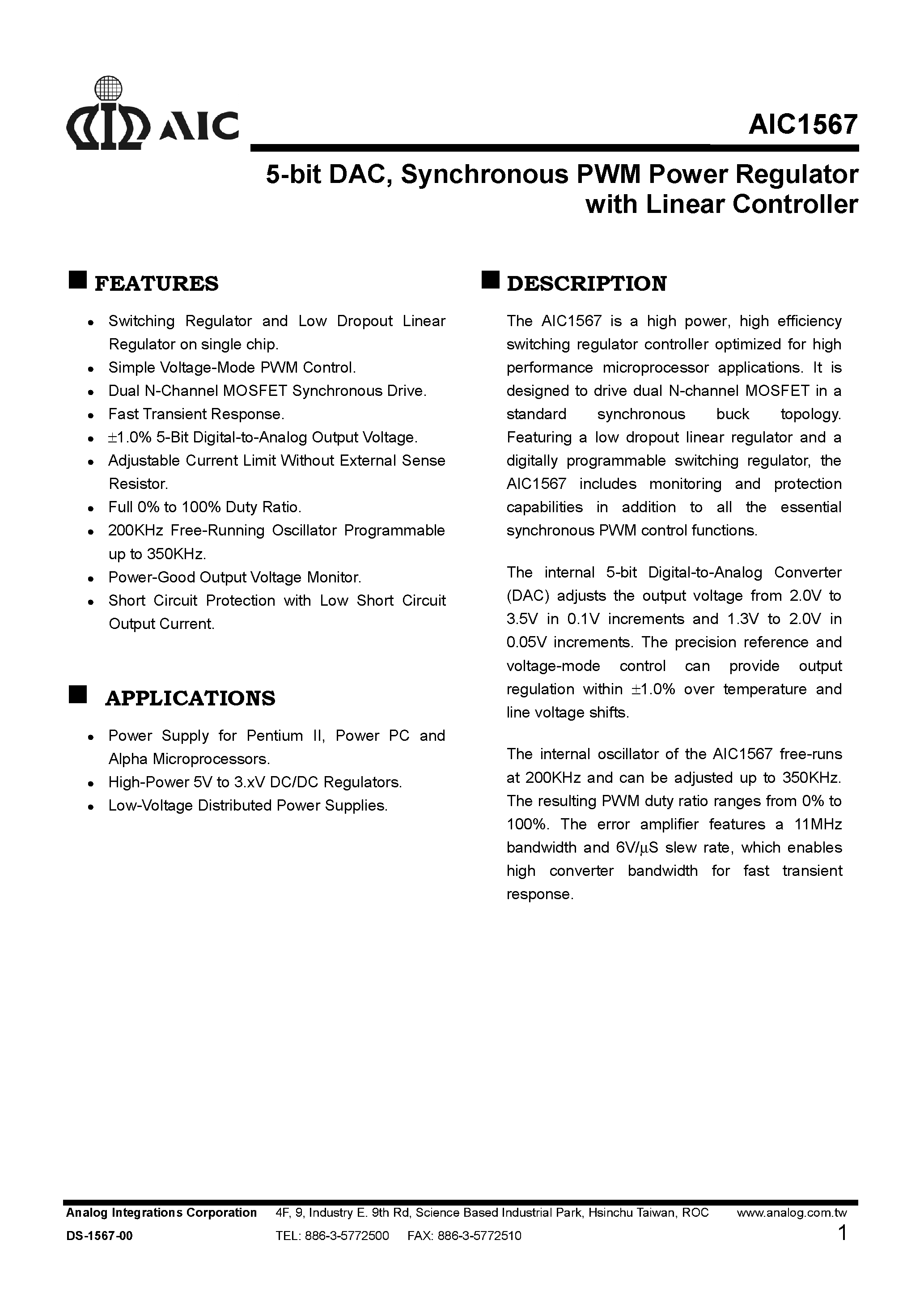 Datasheet AIC1567CS - 5-bit DAC/ Synchronous PWM Power Regulator with Linear Controller page 1