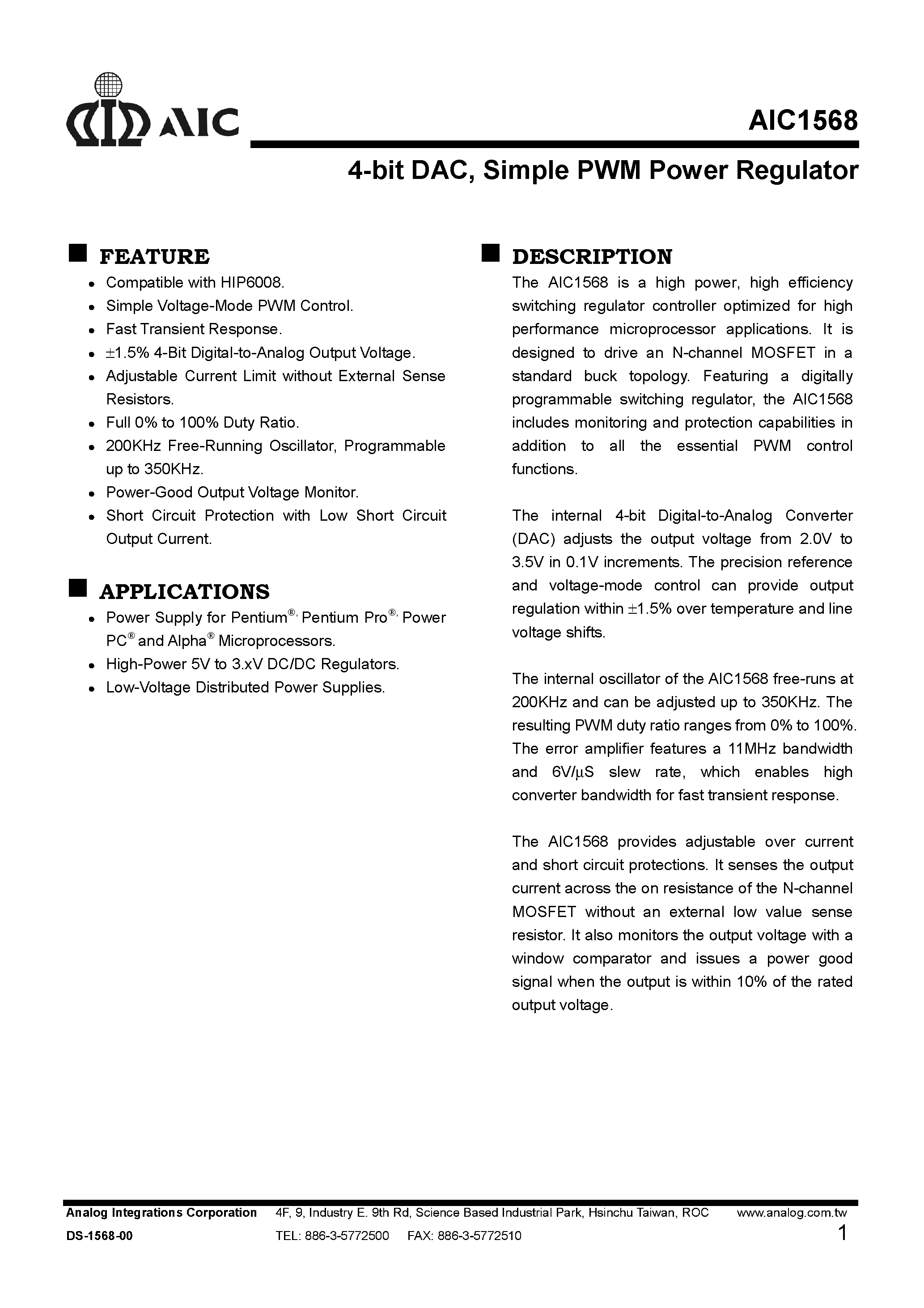 Datasheet AIC1568CS - 4-bit DAC/ Simple PWM Power Regulator page 1