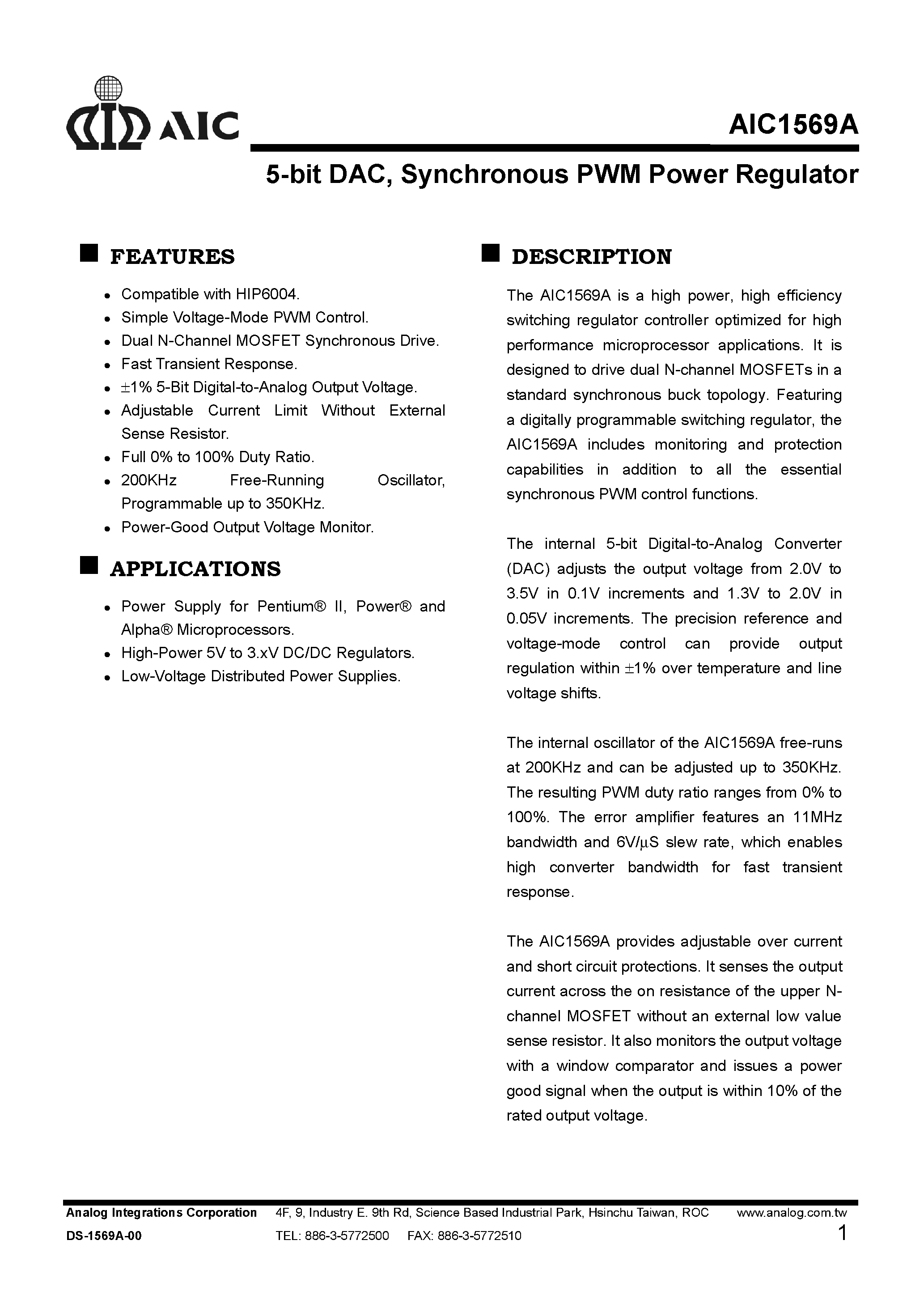 Datasheet AIC1569ACS - 5-bit DAC/ Synchronous PWM Power Regulator page 1