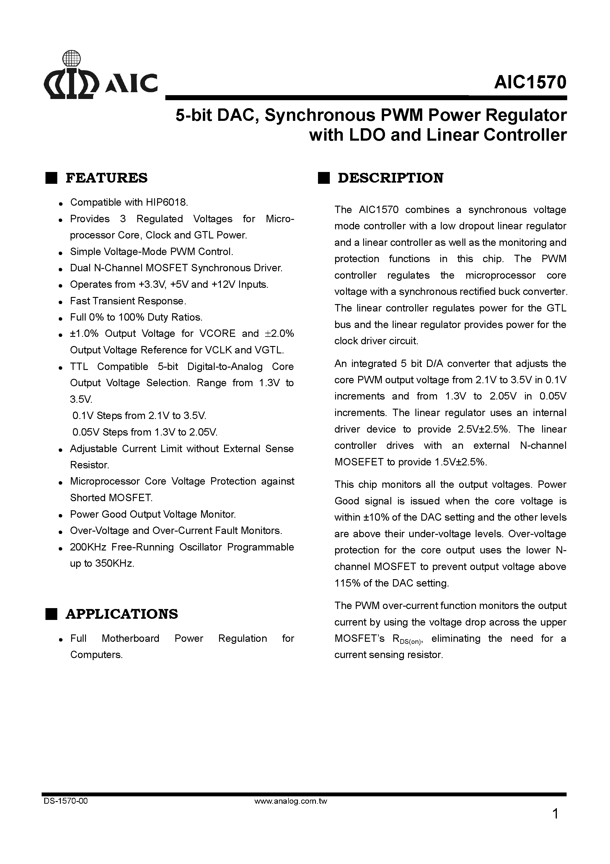Datasheet AIC1570CS - 5-bit DAC/ Synchronous PWM Power Regulator with LDO and Linear Controller page 1