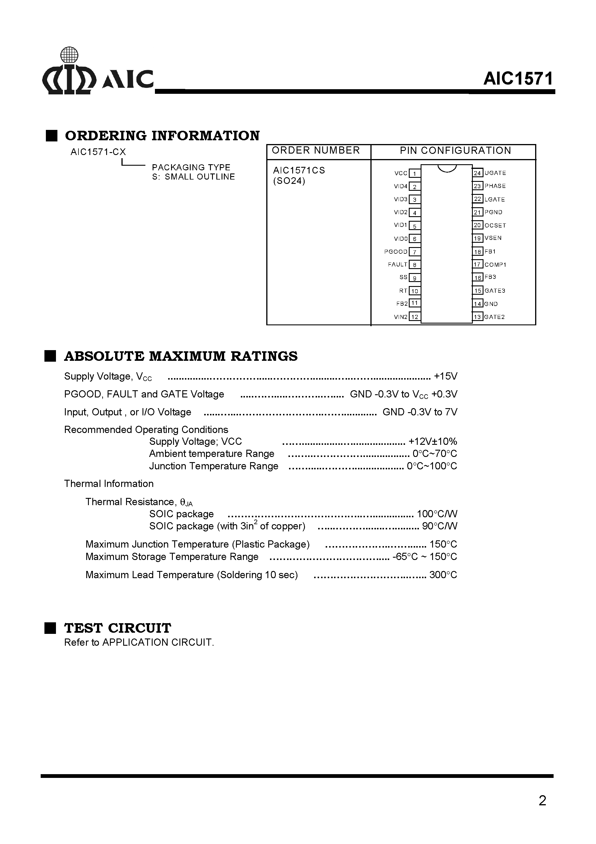 Datasheet AIC1571 - 5-bit DAC/ Synchronous PWM Power Regulator with Dual Linear Controllers page 2